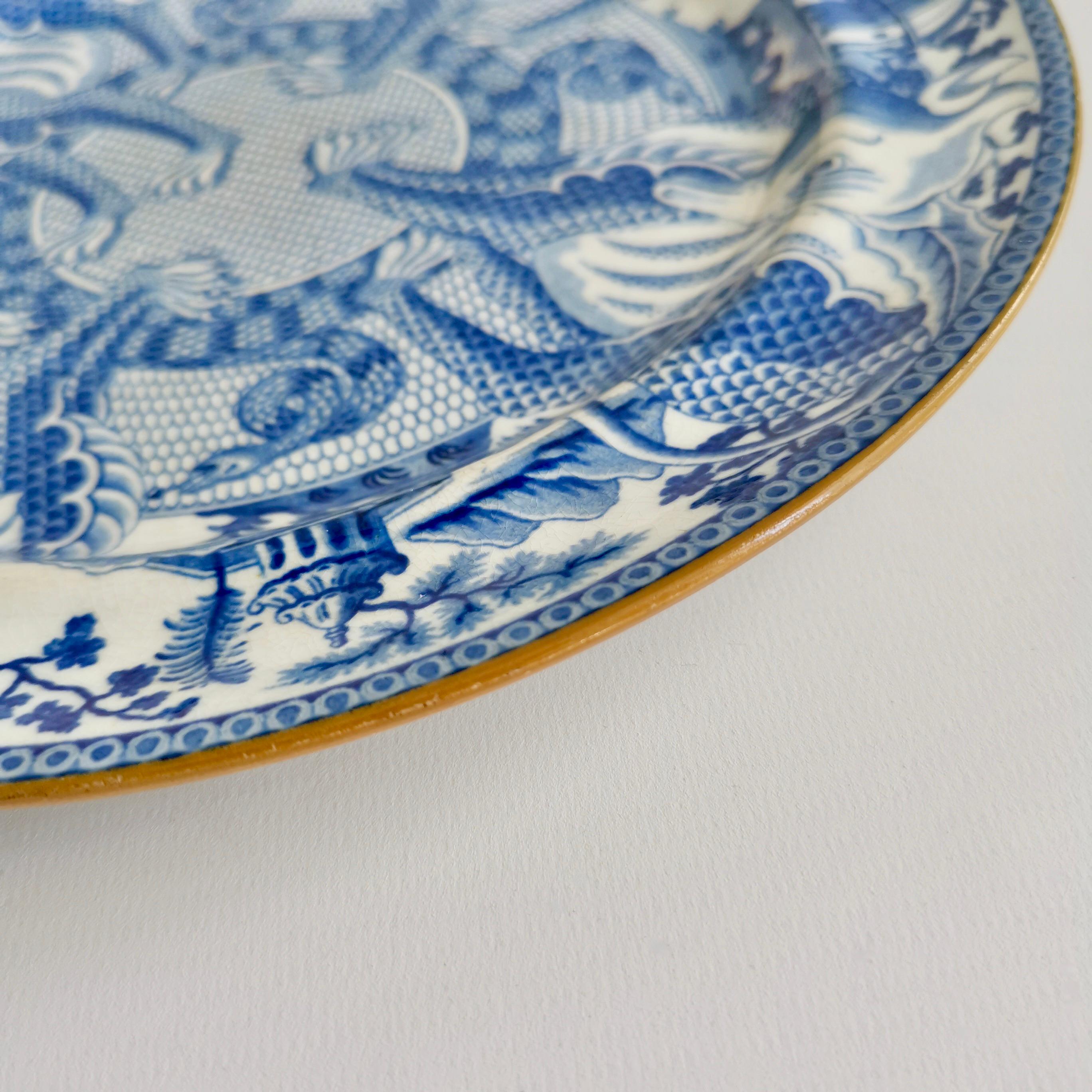 English Pearlware Plate, Blue & White Transfer Dragons, Snakes, Regency ca 1820 9
