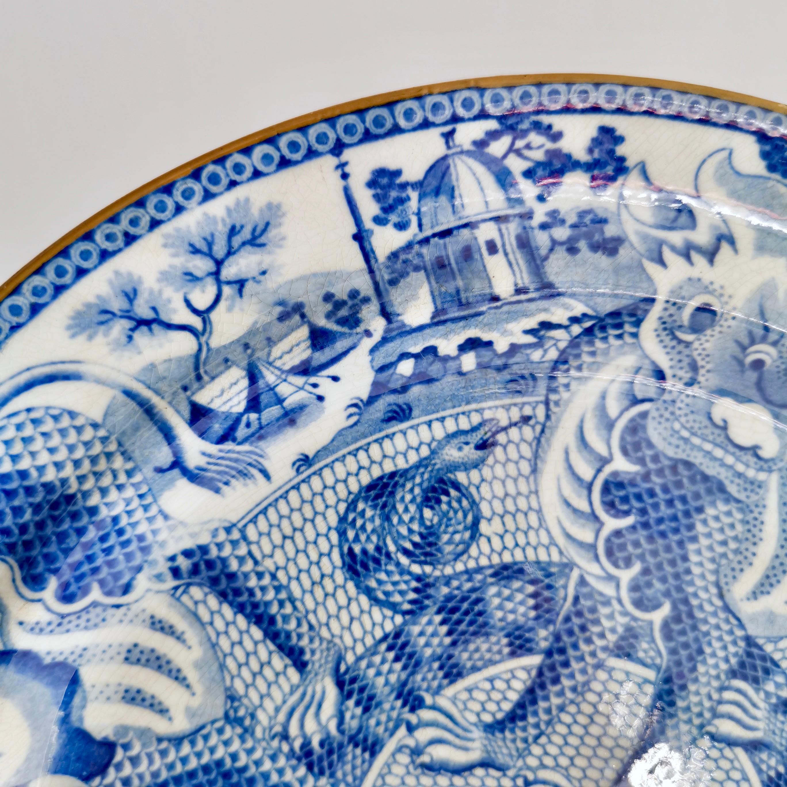 English Pearlware Plate, Blue & White Transfer Dragons, Snakes, Regency ca 1820 In Good Condition In London, GB