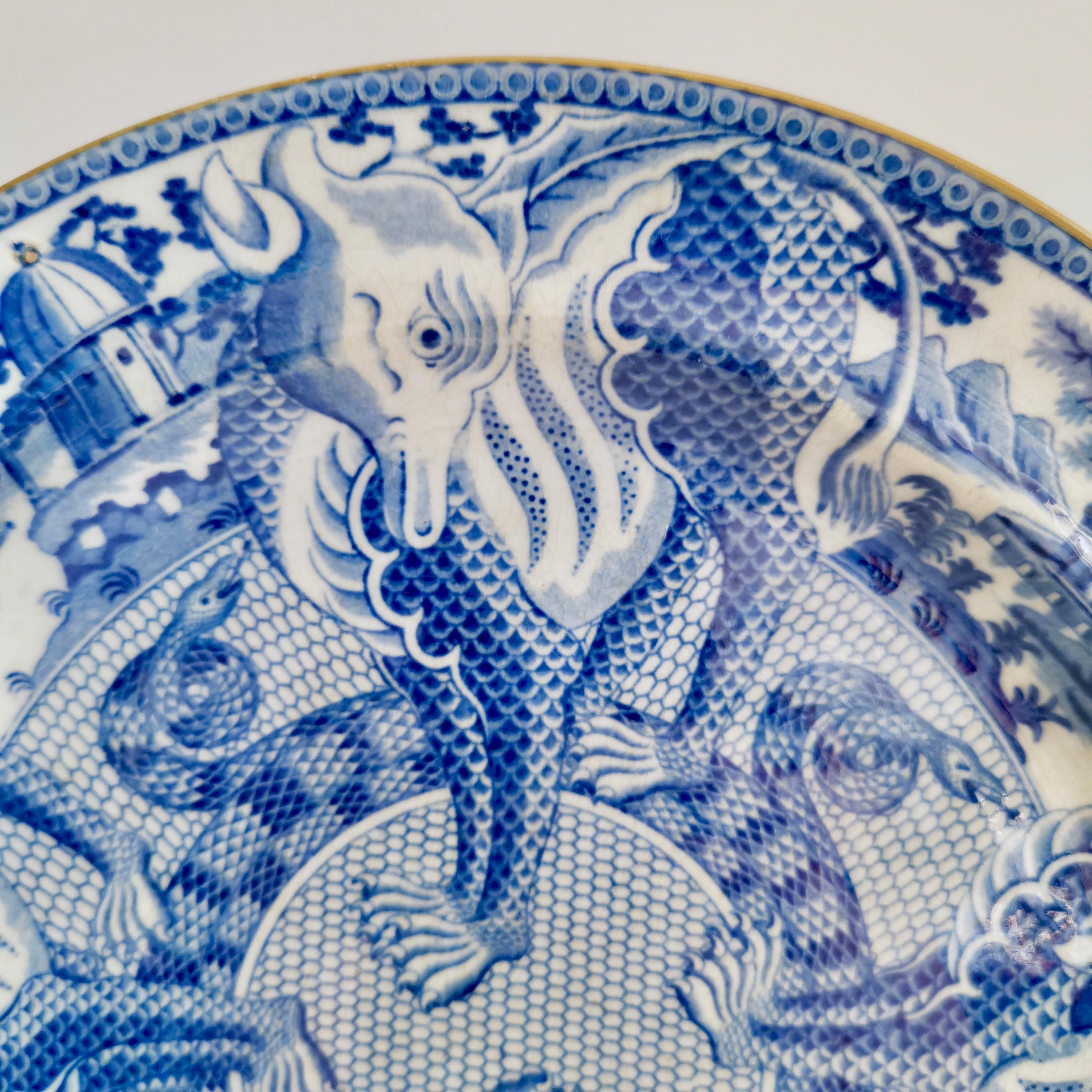 Early 19th Century English Pearlware Plate, Blue & White Transfer Dragons, Snakes, Regency ca 1820