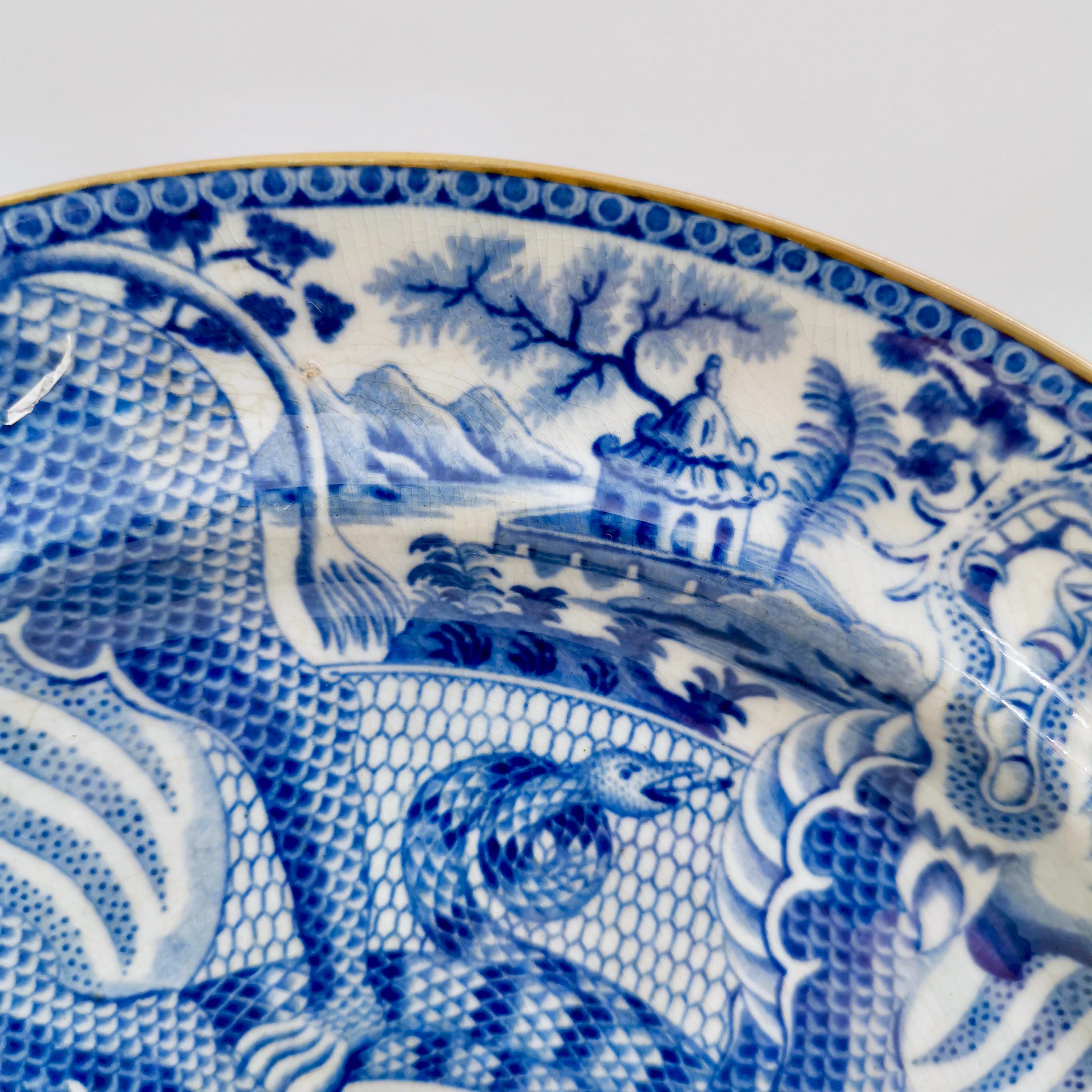 English Pearlware Plate, Blue & White Transfer Dragons, Snakes, Regency ca 1820 1