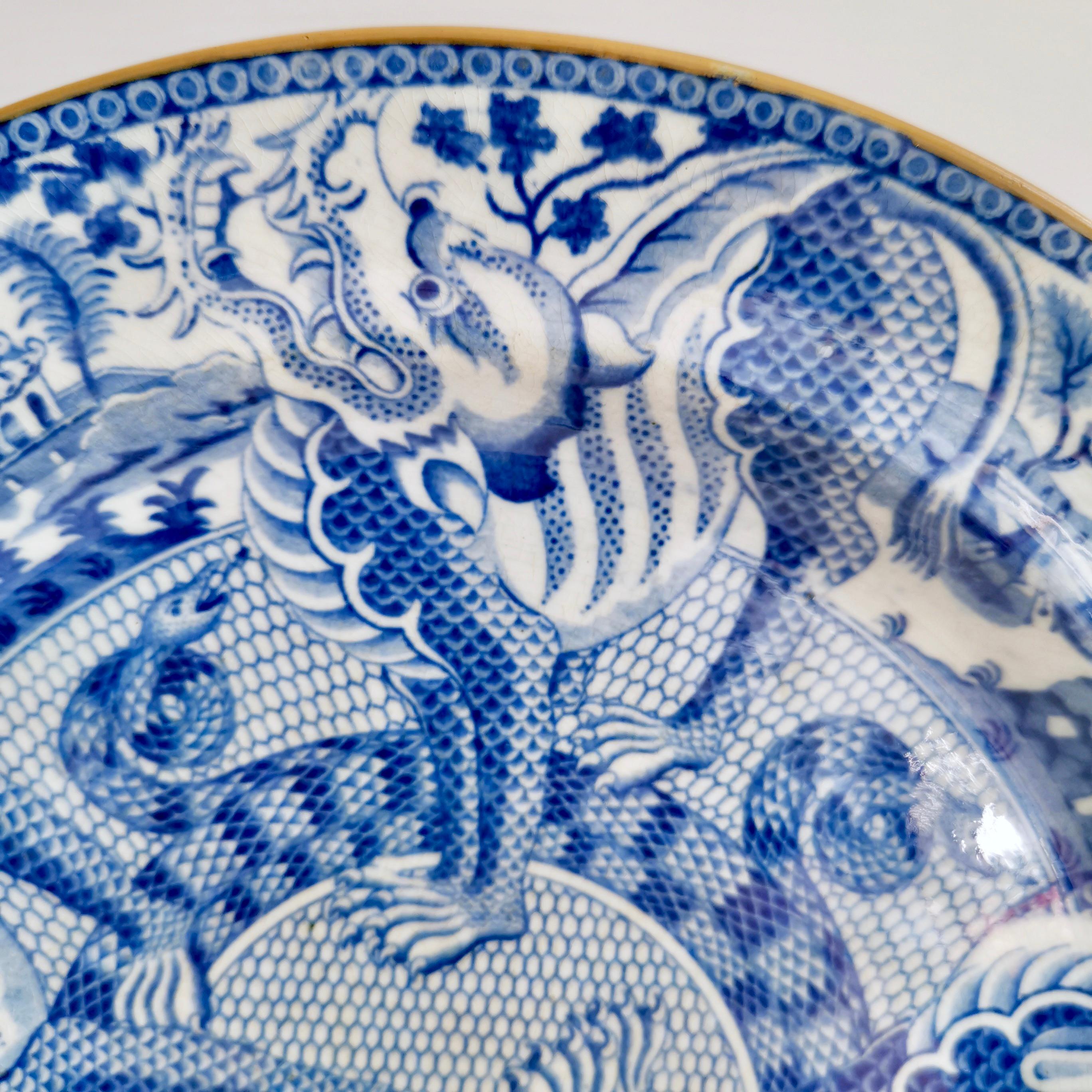English Pearlware Plate, Blue & White Transfer Dragons, Snakes, Regency ca 1820 2