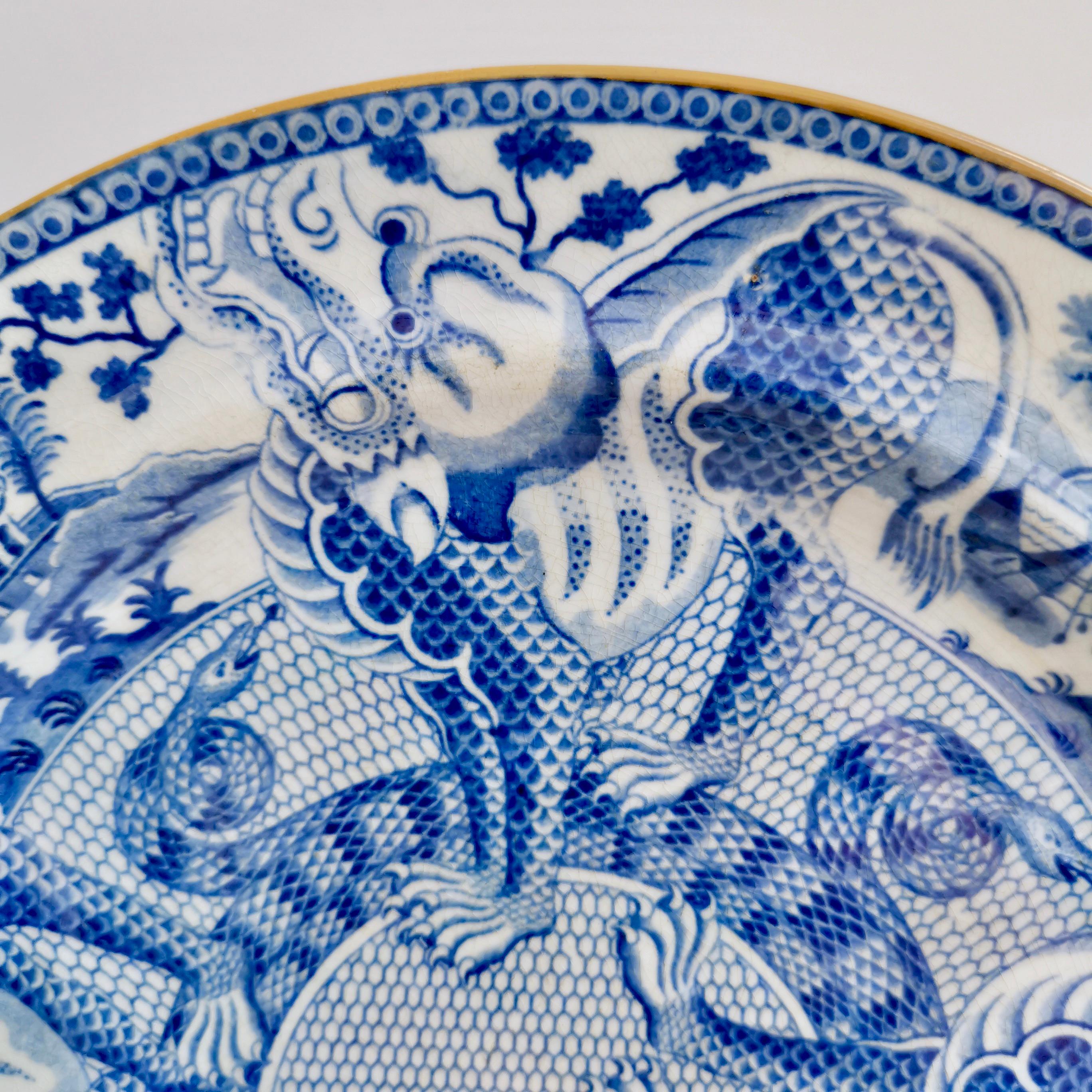 English Pearlware Plate, Blue & White Transfer Dragons, Snakes, Regency ca 1820 4
