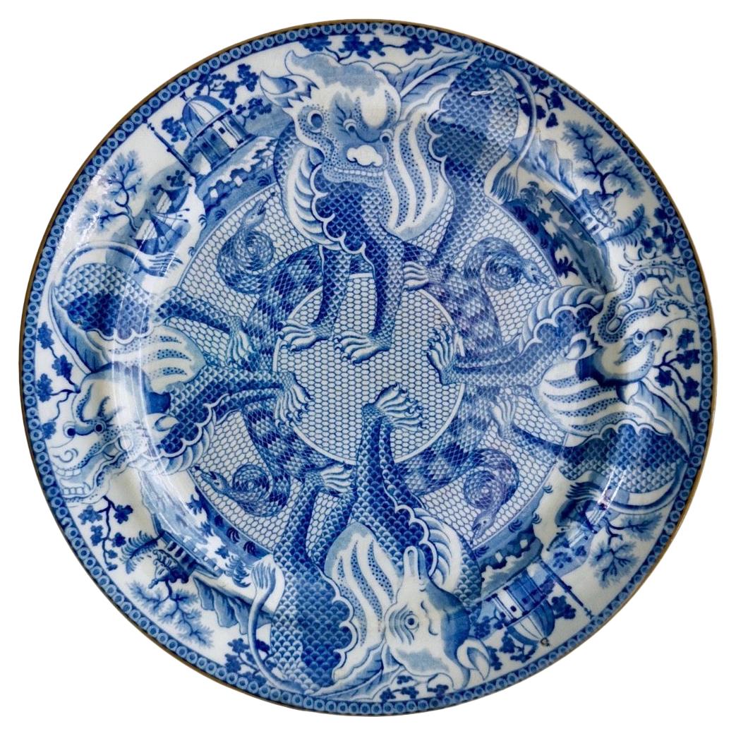 English Pearlware Plate, Blue & White Transfer Dragons, Snakes, Regency ca 1820