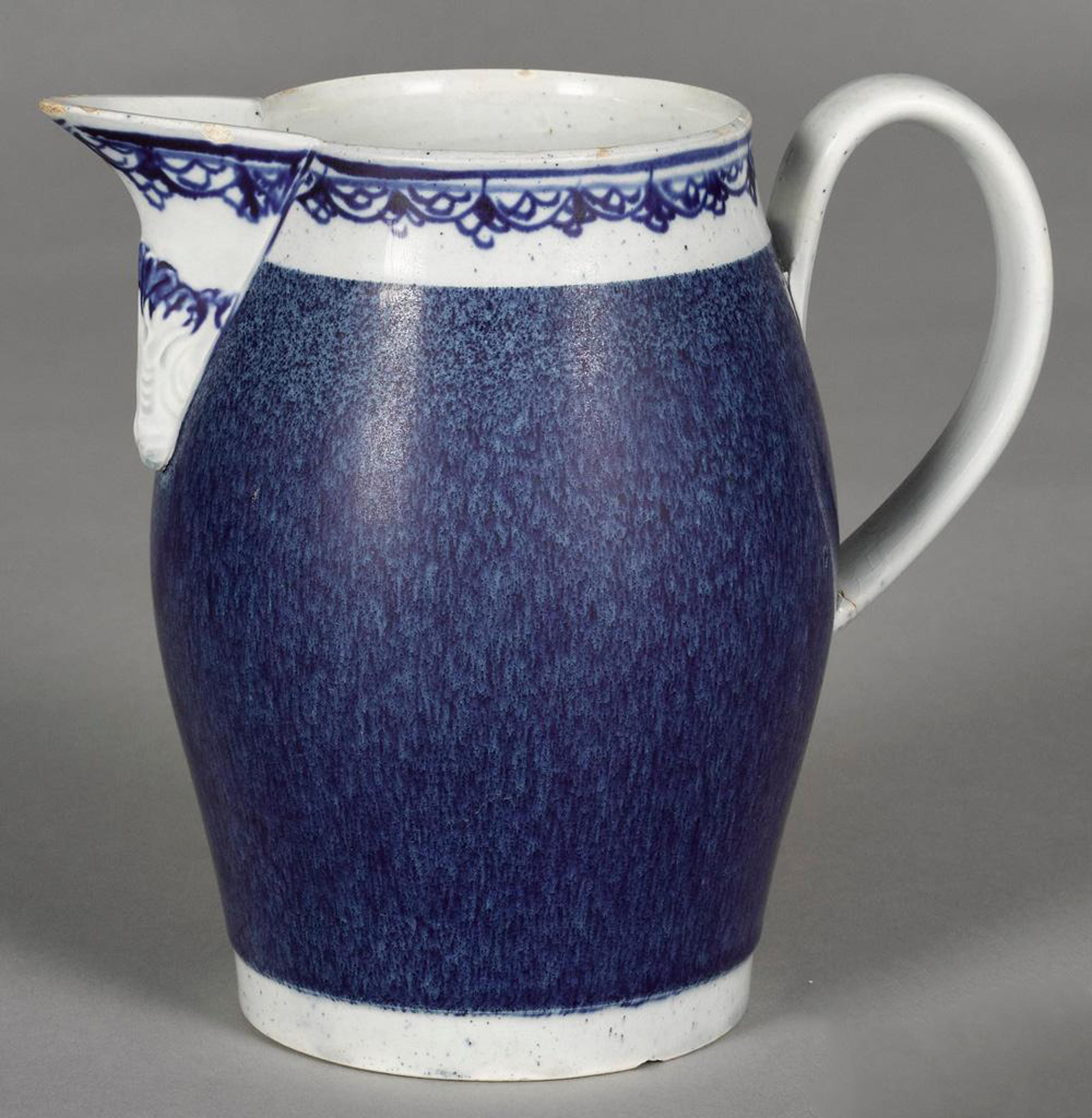 English pearlware pottery jug with speckled blue glaze,
Circa 1780-1800

The pearlware jug with a wonderful speckled blue ground.

Dimensions: 6 inches high x 6 1/2 inches wide x 4 inches deep.
 