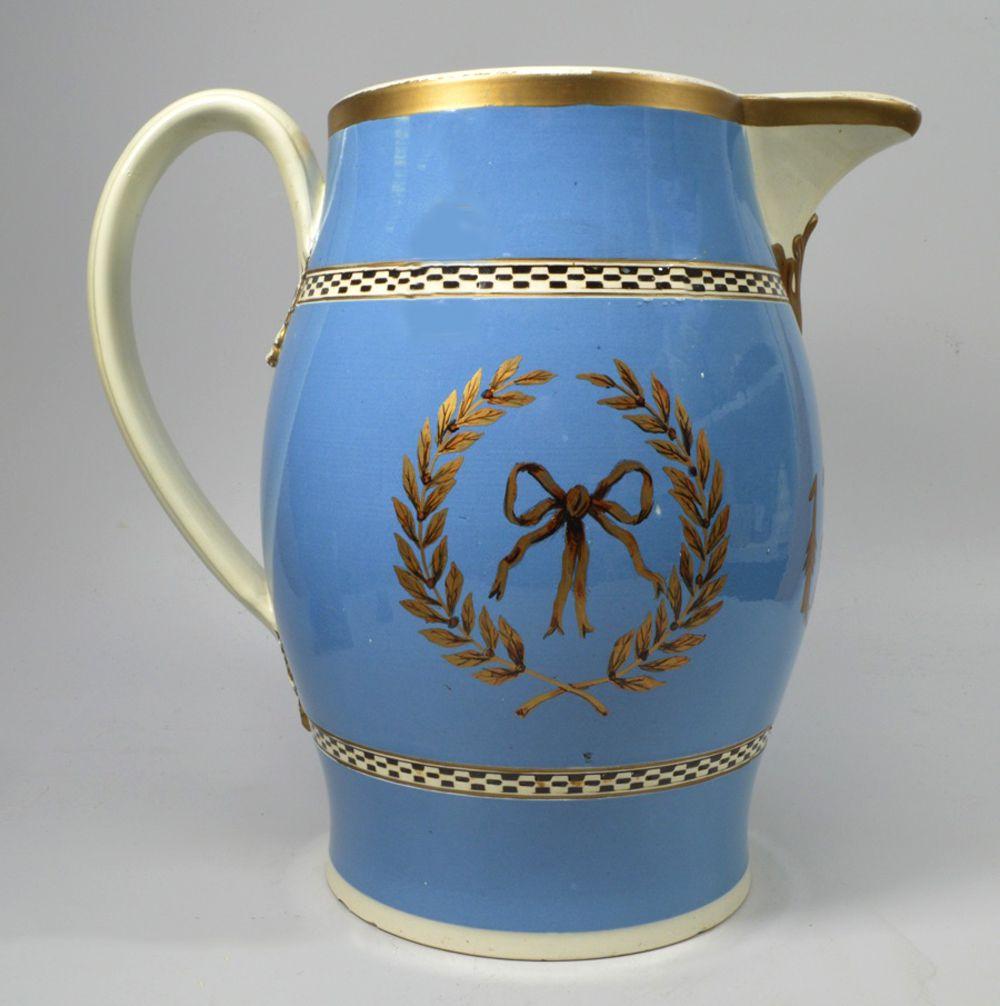 Georgian English Pearlware Pottery Large Blue Slip Jug, Dated 1787, Possibly Leeds For Sale