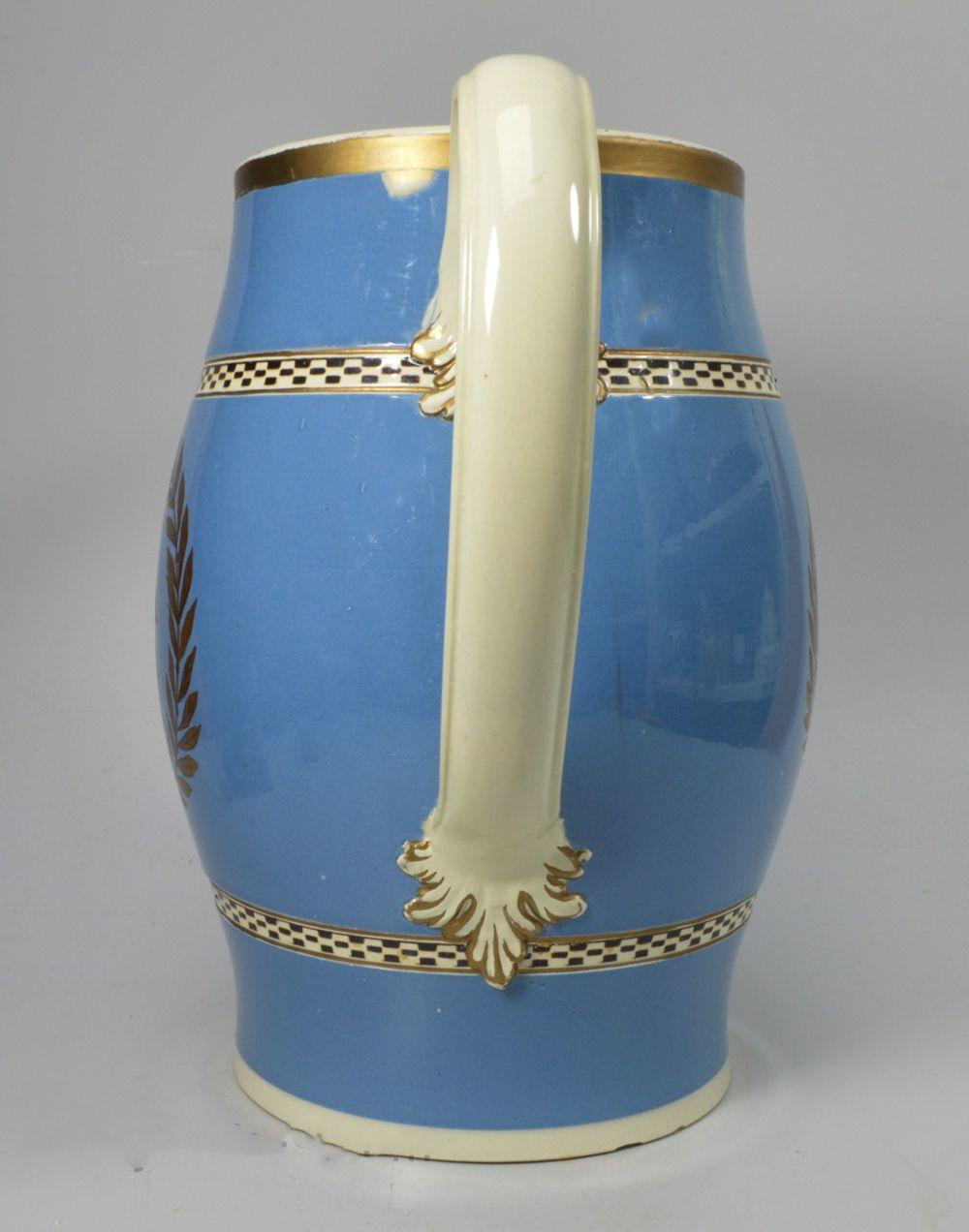 Late 18th Century English Pearlware Pottery Large Blue Slip Jug, Dated 1787, Possibly Leeds For Sale