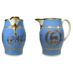 Antique English Pearlware Pottery Large Blue Slip Jug, Dated 1787, Possibly Leeds