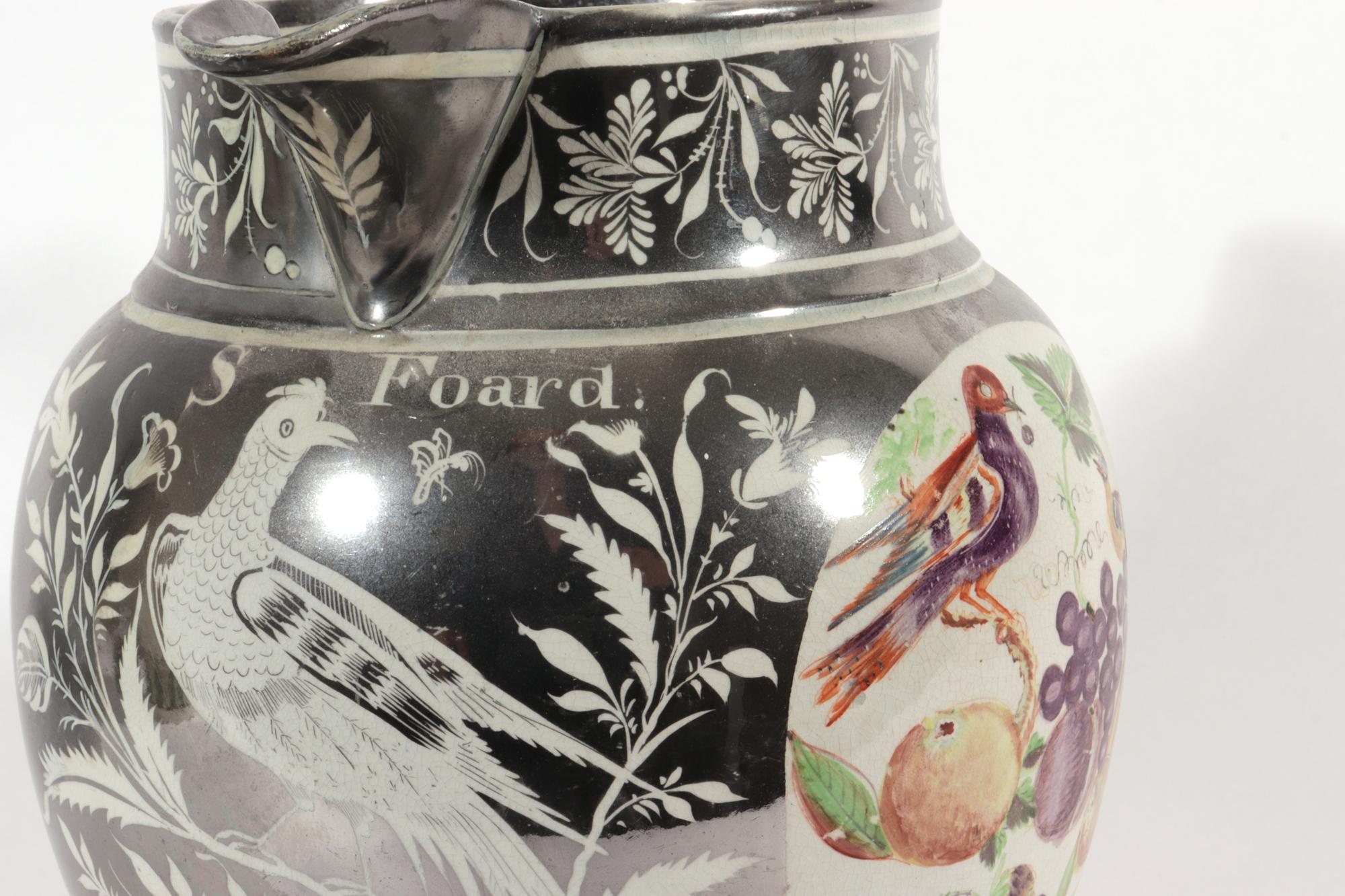 English Pearlware Pottery Silver Resist Lustre Jug with Bird Painting In Good Condition In Downingtown, PA