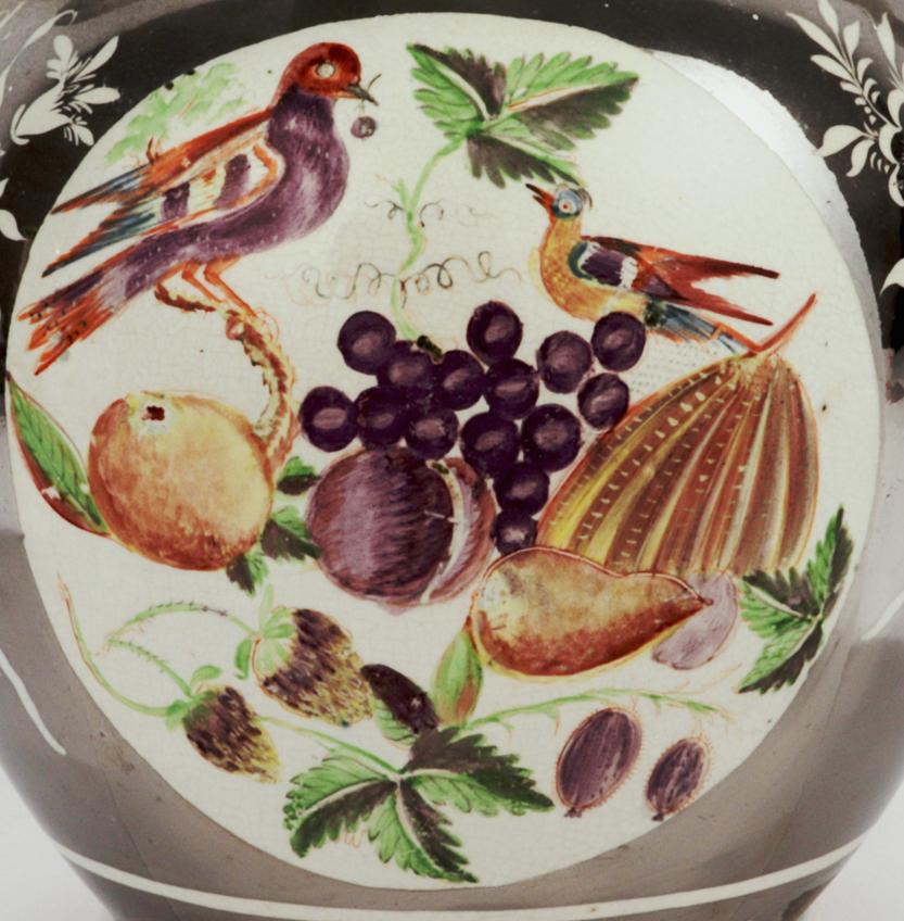 Early 19th Century English Pearlware Pottery Silver Resist Lustre Jug with Bird Painting