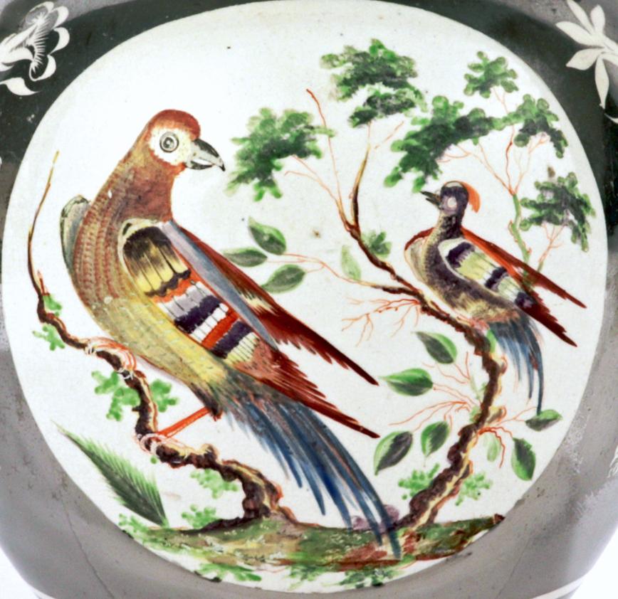 English Pearlware Pottery Silver Resist Lustre Jug with Bird Painting 1
