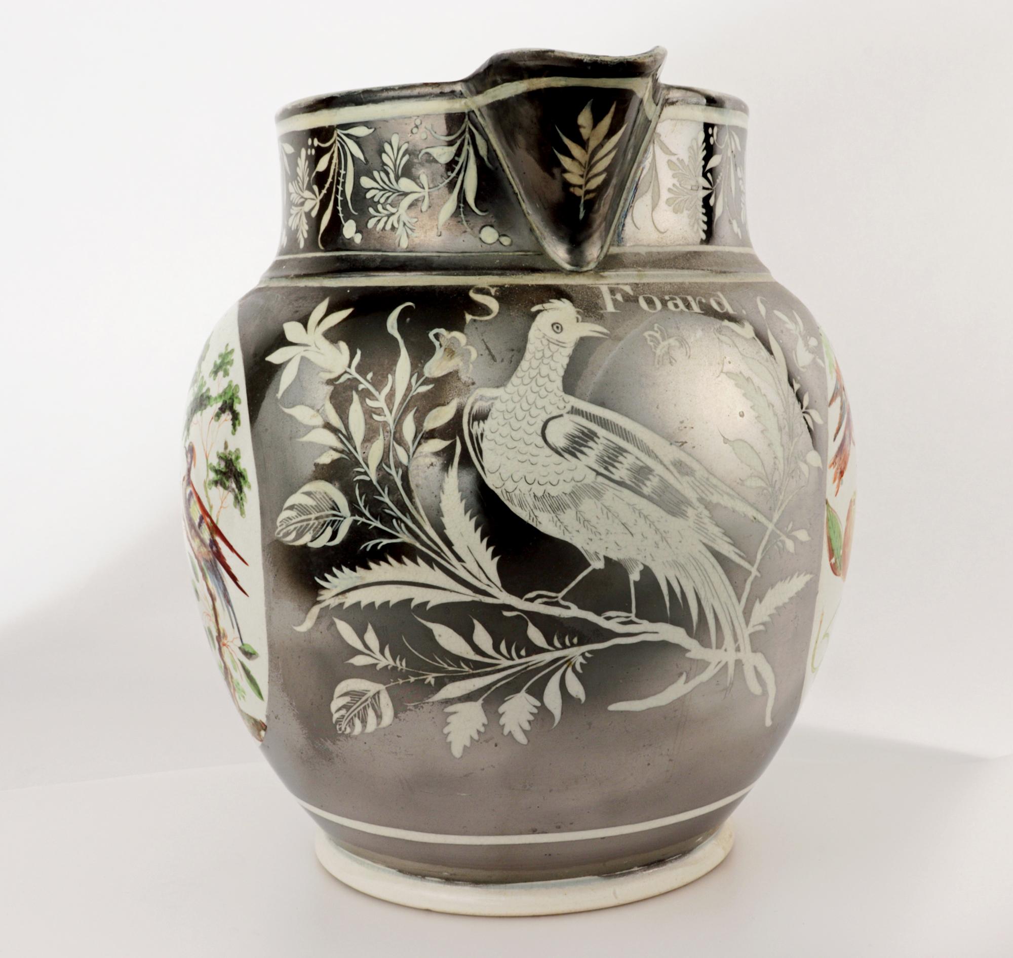English Pearlware Pottery Silver Resist Lustre Jug with Bird Painting 2