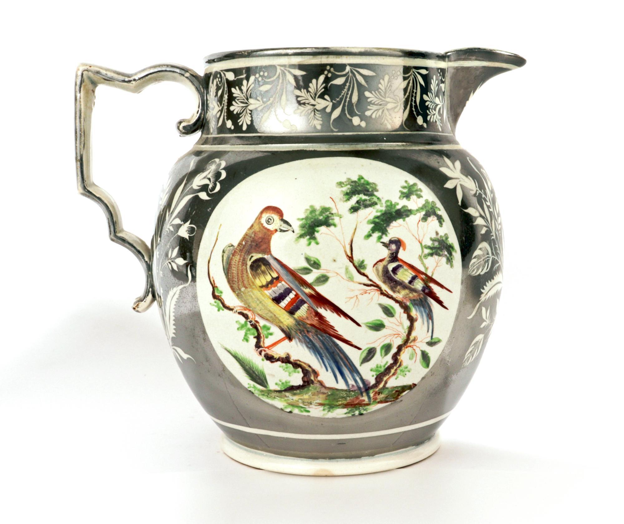 English Pearlware Pottery Silver Resist Lustre Jug with Bird Painting 4