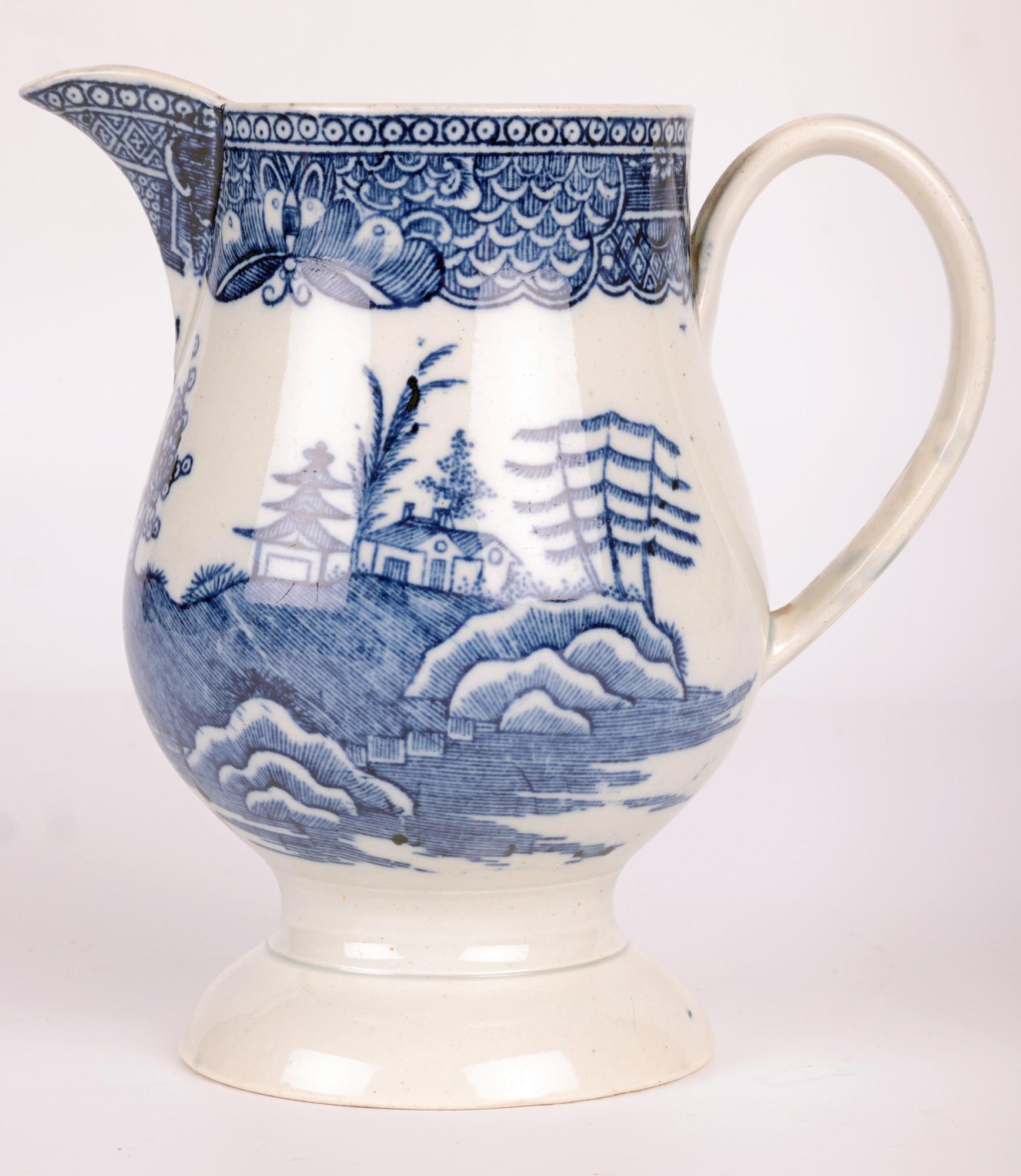 English Pearlware Silver Shape Blue & White Printed Jug For Sale 5