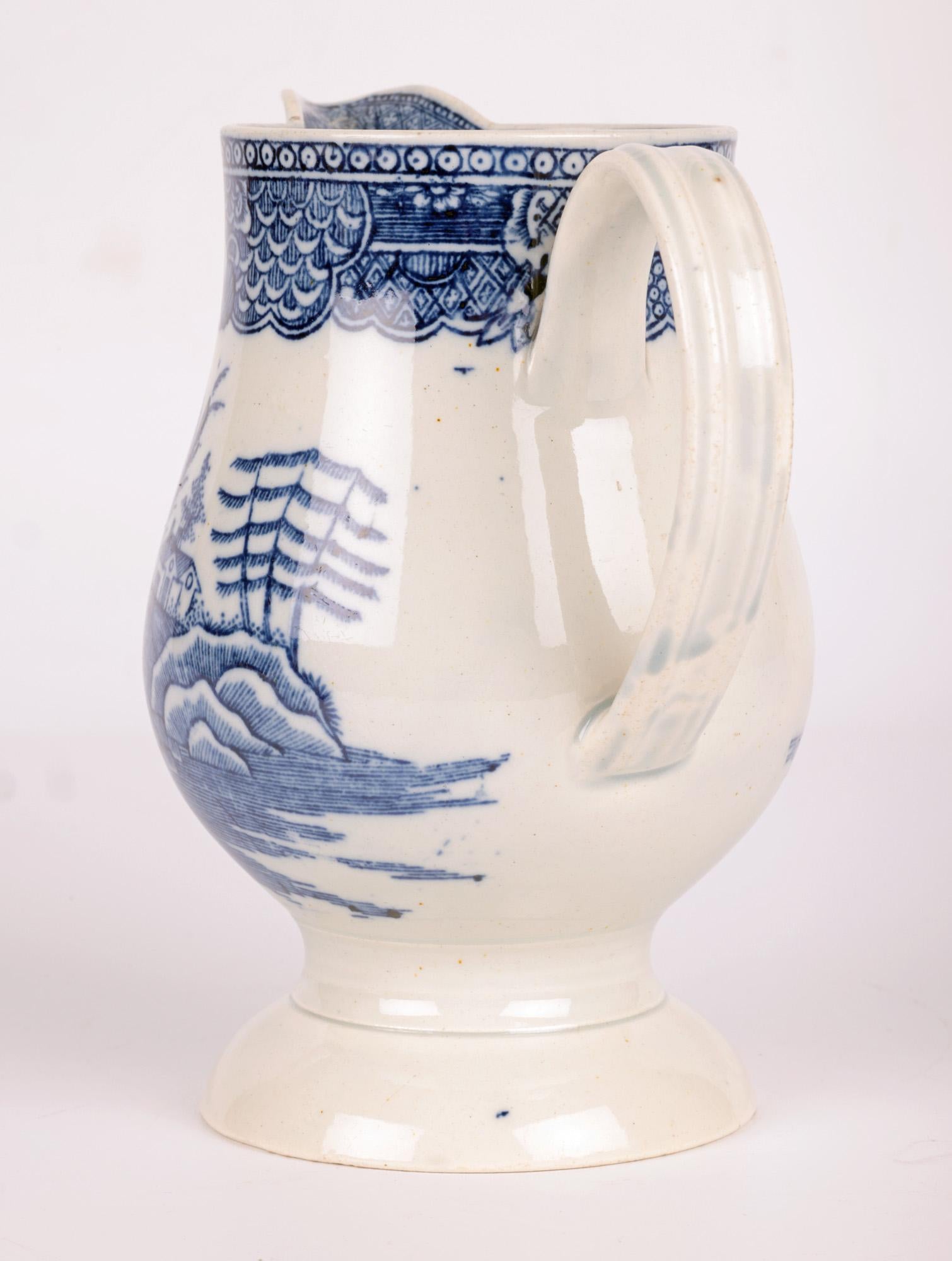 English Pearlware Silver Shape Blue & White Printed Jug For Sale 7