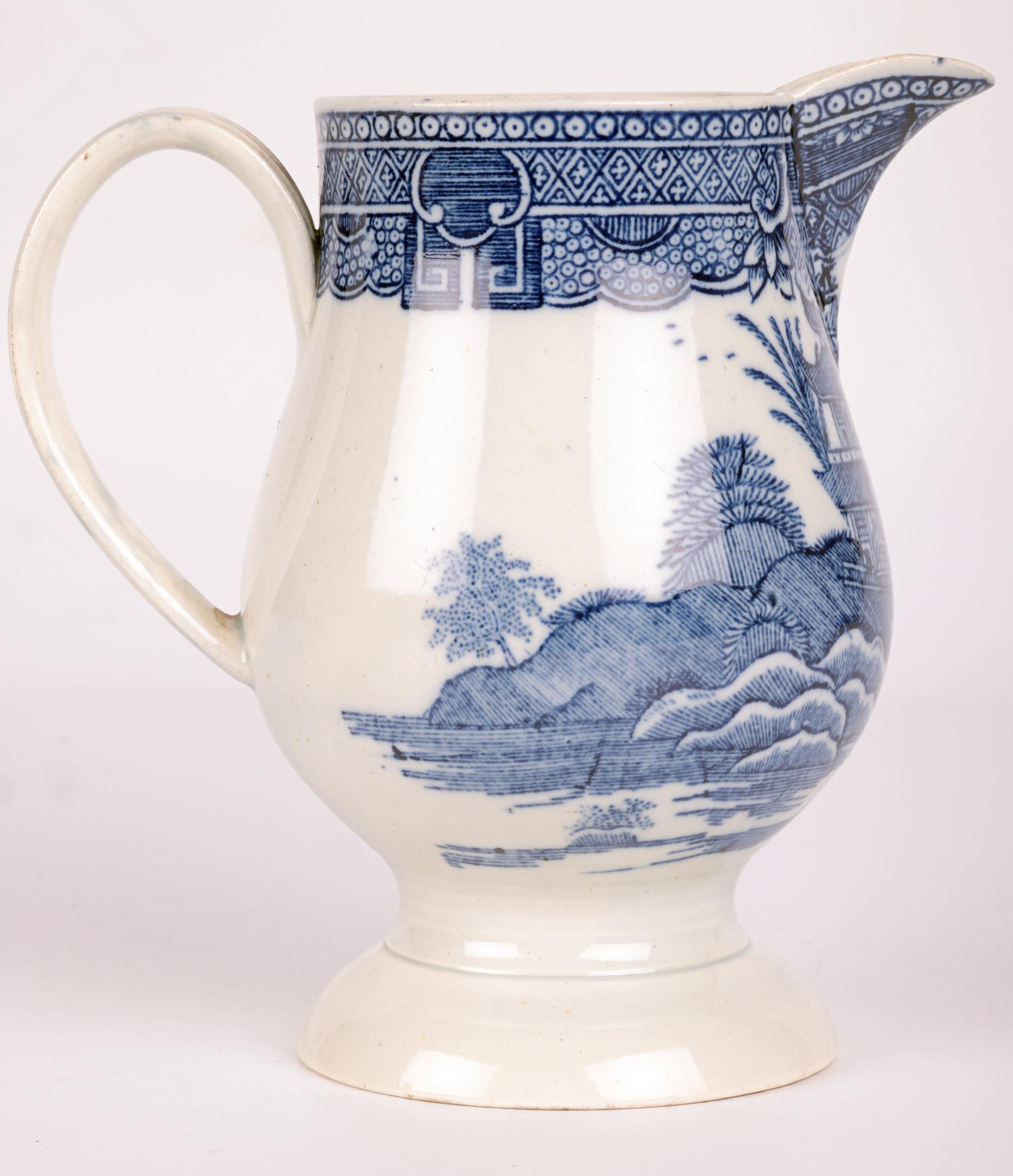 English Pearlware Silver Shape Blue & White Printed Jug For Sale 8