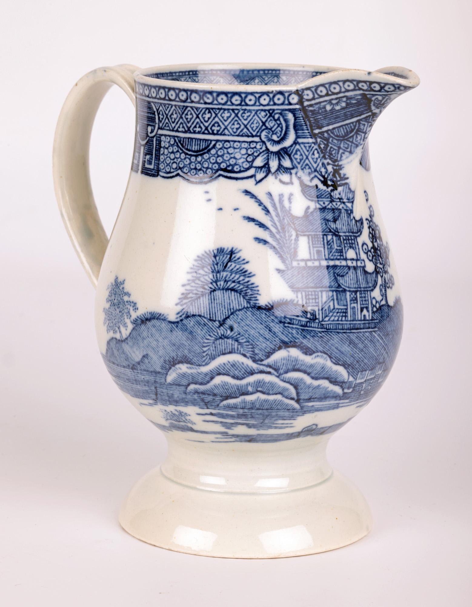 English Pearlware Silver Shape Blue & White Printed Jug For Sale 10