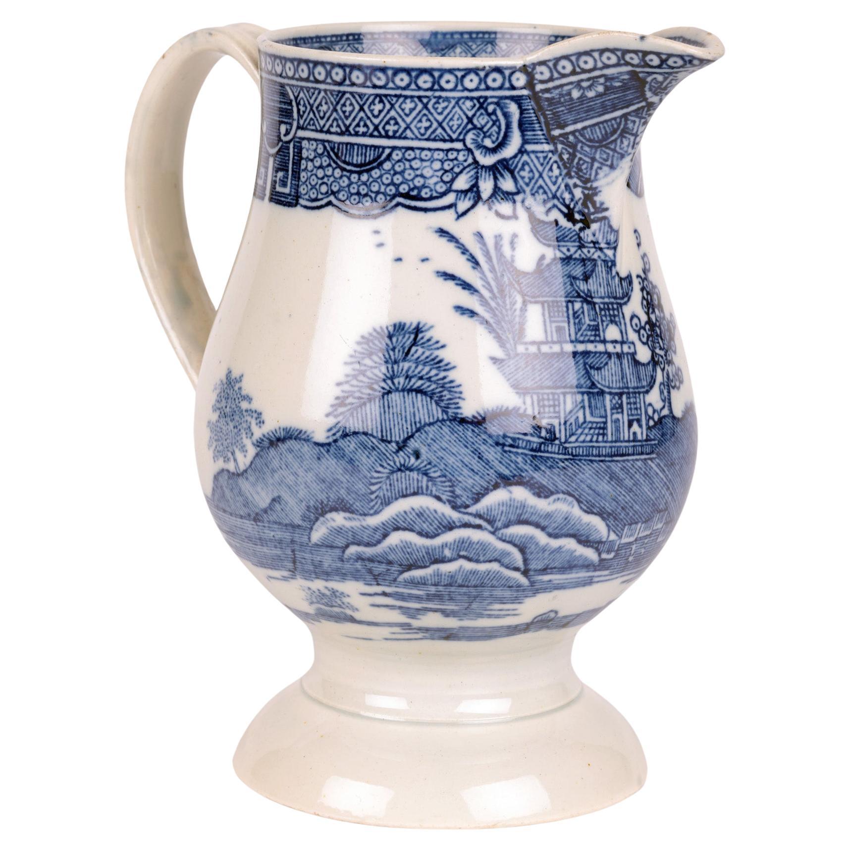 English Pearlware Silver Shape Blue & White Printed Jug For Sale