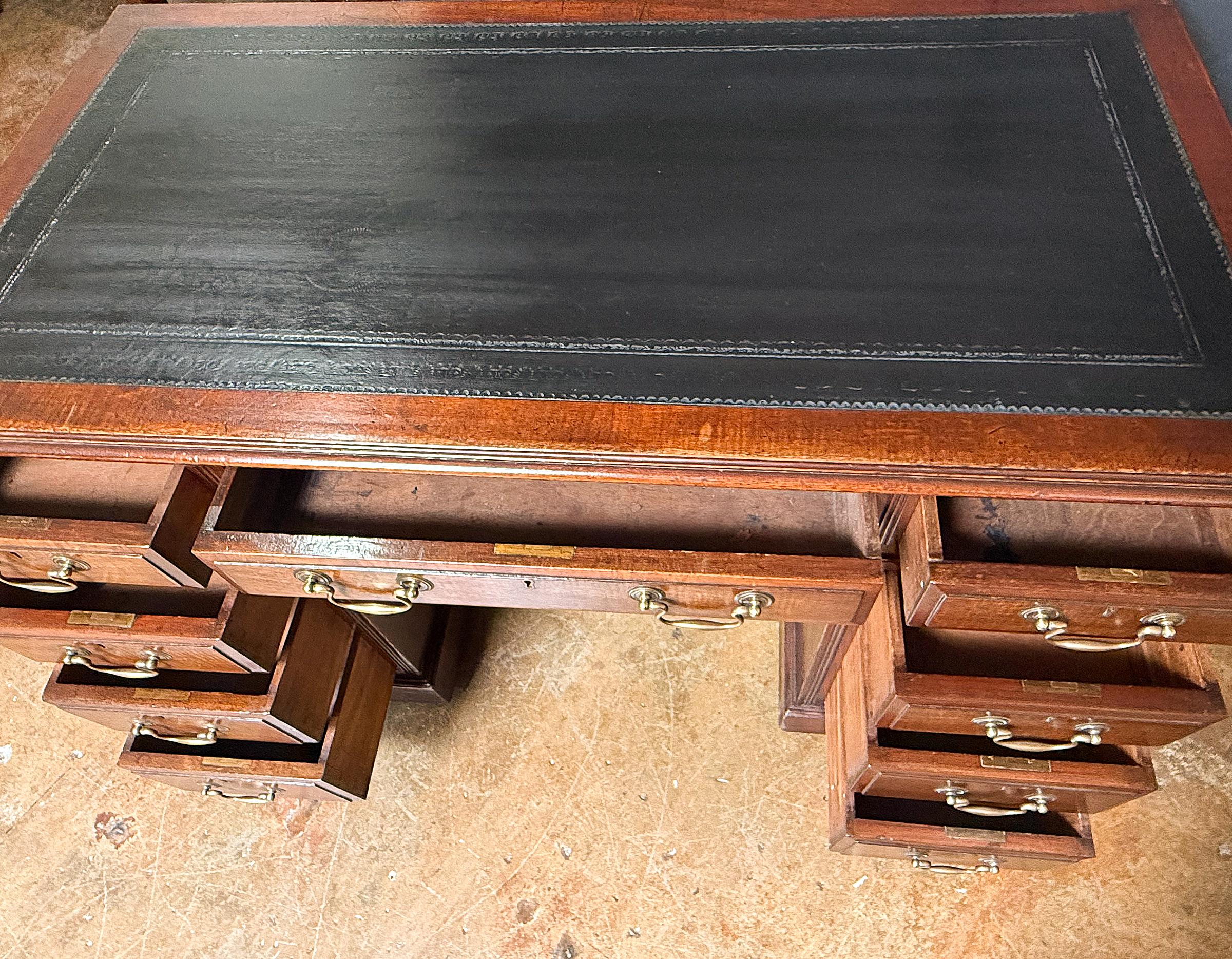 20th Century English Pedestal Desk of Mahogany with Embossed Leather Top For Sale
