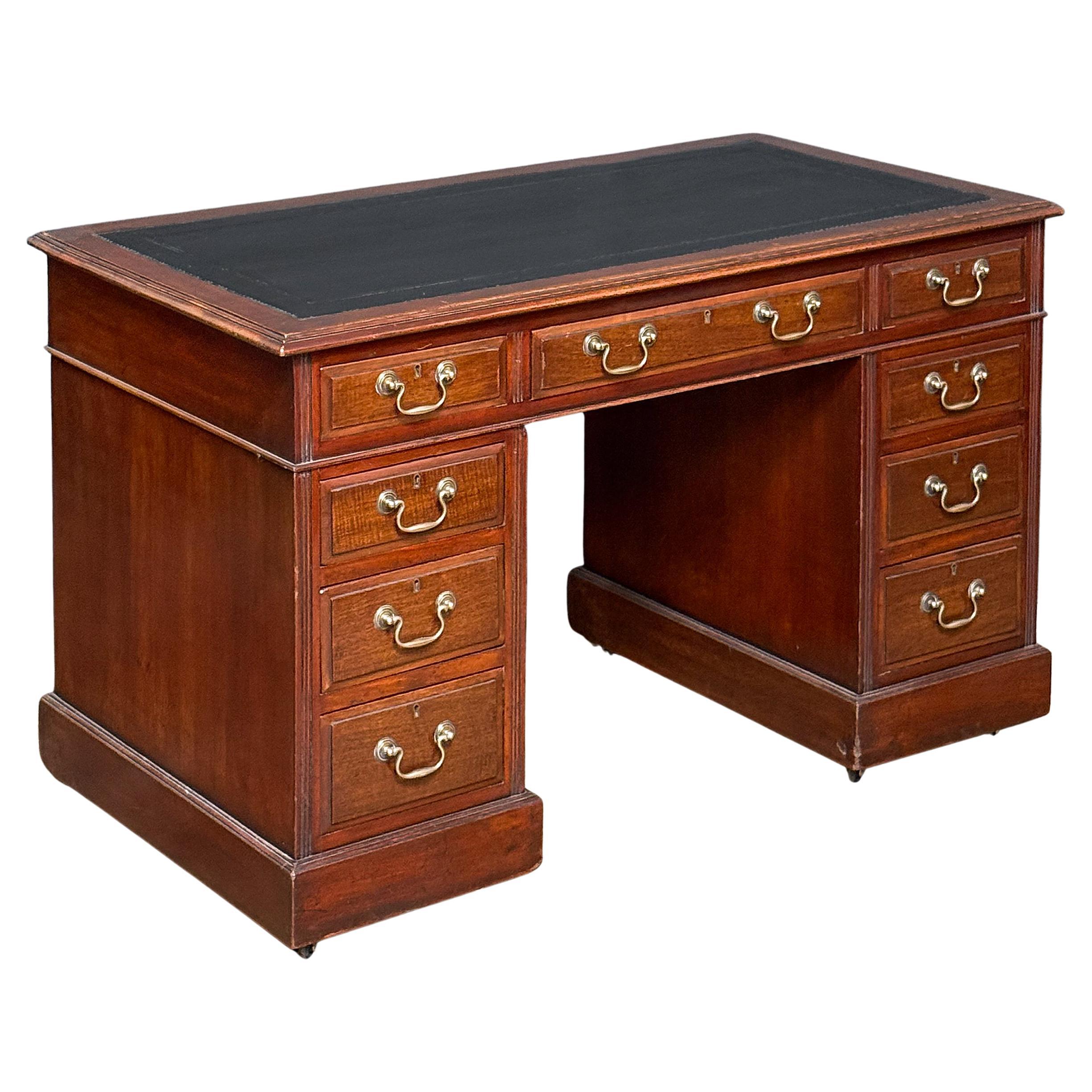 English Pedestal Desk of Mahogany with Embossed Leather Top For Sale
