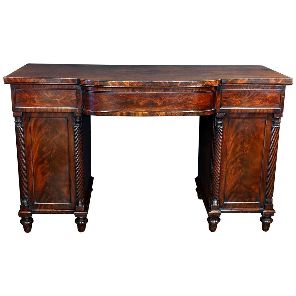 English Breakfront Pedestal Sideboard Console of Flame-Cut Mahogany