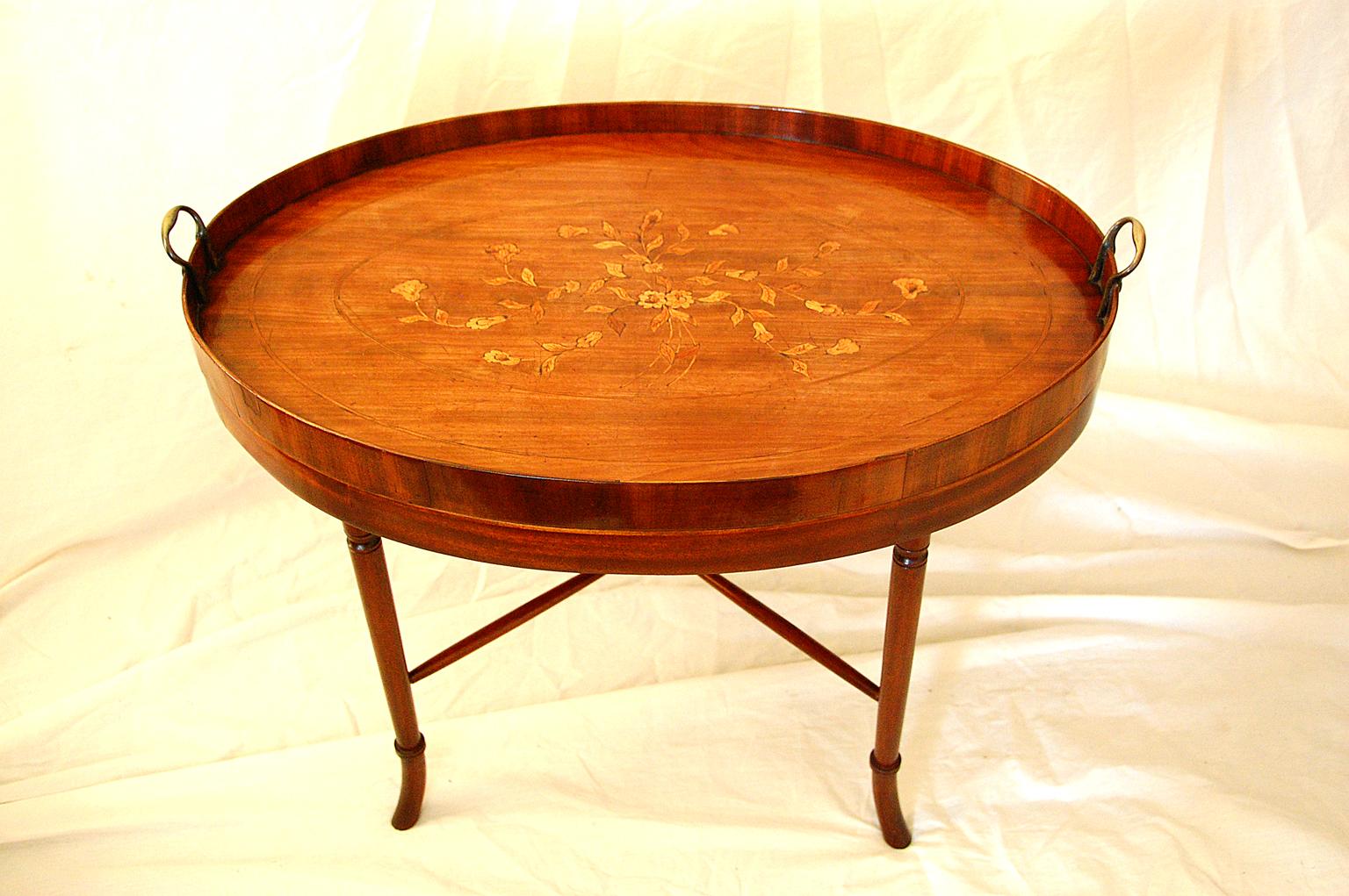 English Period Georgian Hepplewhite oval galleried butler's tray, mahogany inlaid with boxwood flowers and stringing, brass handles,. Now on handmade mahogany turned and splay legged stand, designed and created at The Farm. Perfect for use as a