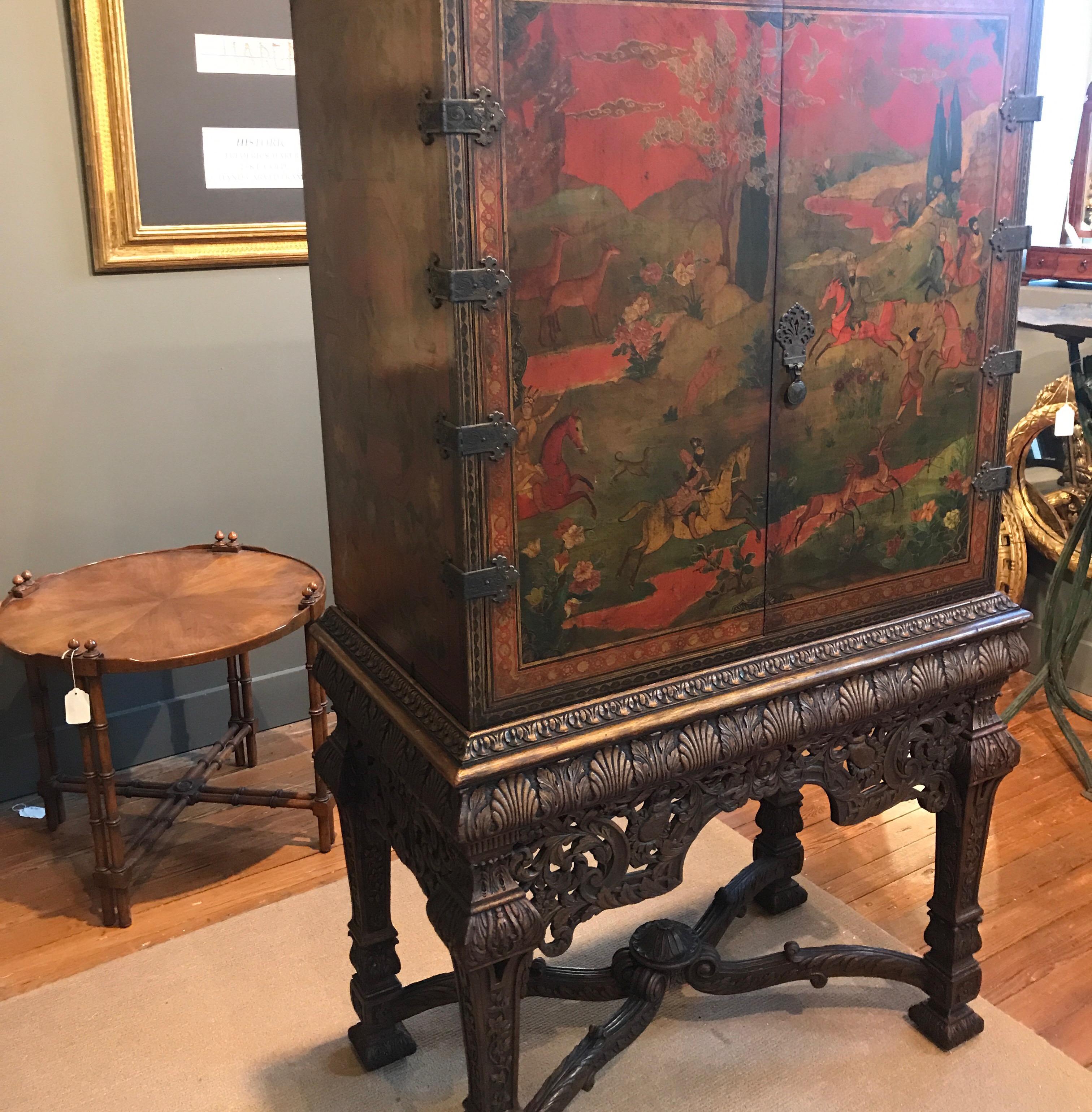 Hand-Painted English Persian Style Chinoiserie Chest on Stand Bar Cabinet