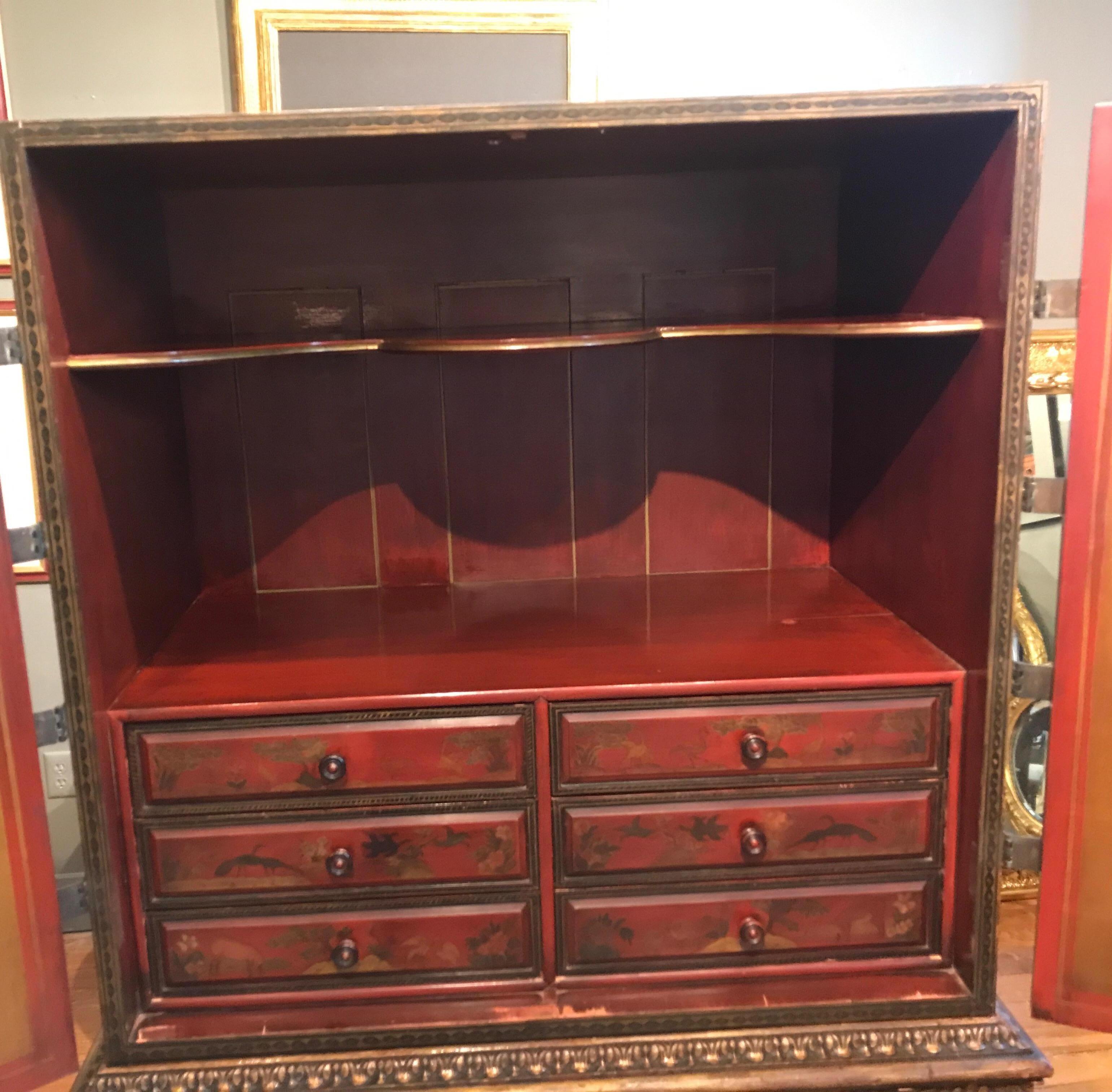 Oak English Persian Style Chinoiserie Chest on Stand Bar Cabinet