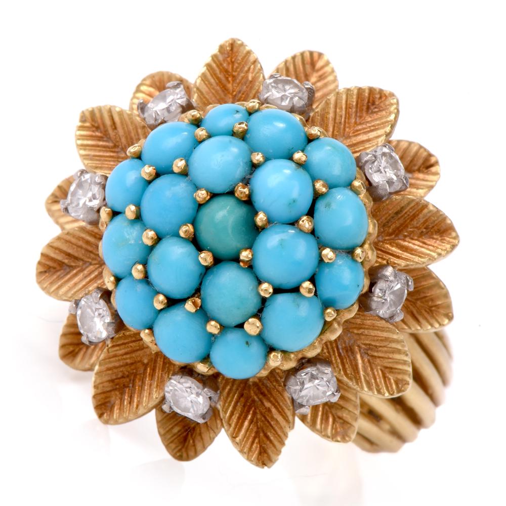  English Persian Turquoise Diamond 18 Karat Gold Cocktail Ring In Excellent Condition In Miami, FL