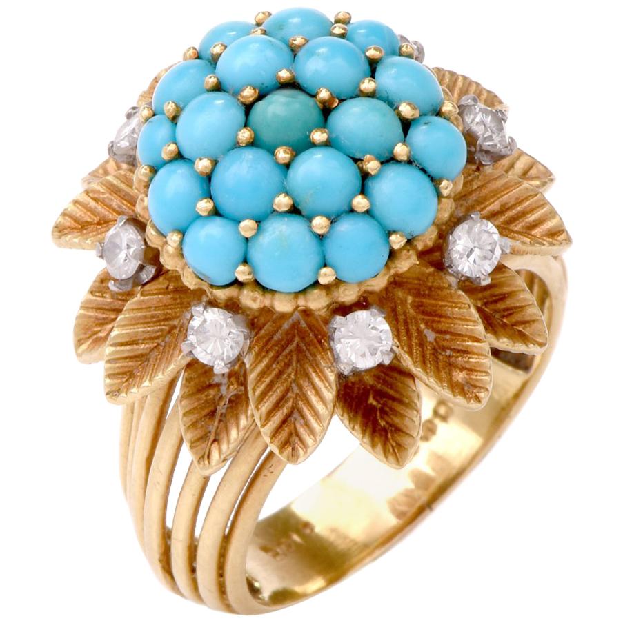  English Persian Turquoise Diamond 18 Karat Gold Cocktail Ring