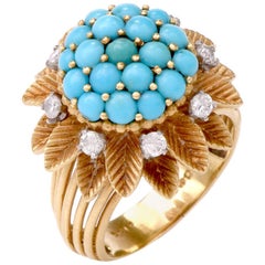  English Persian Turquoise Diamond 18 Karat Gold Cocktail Ring