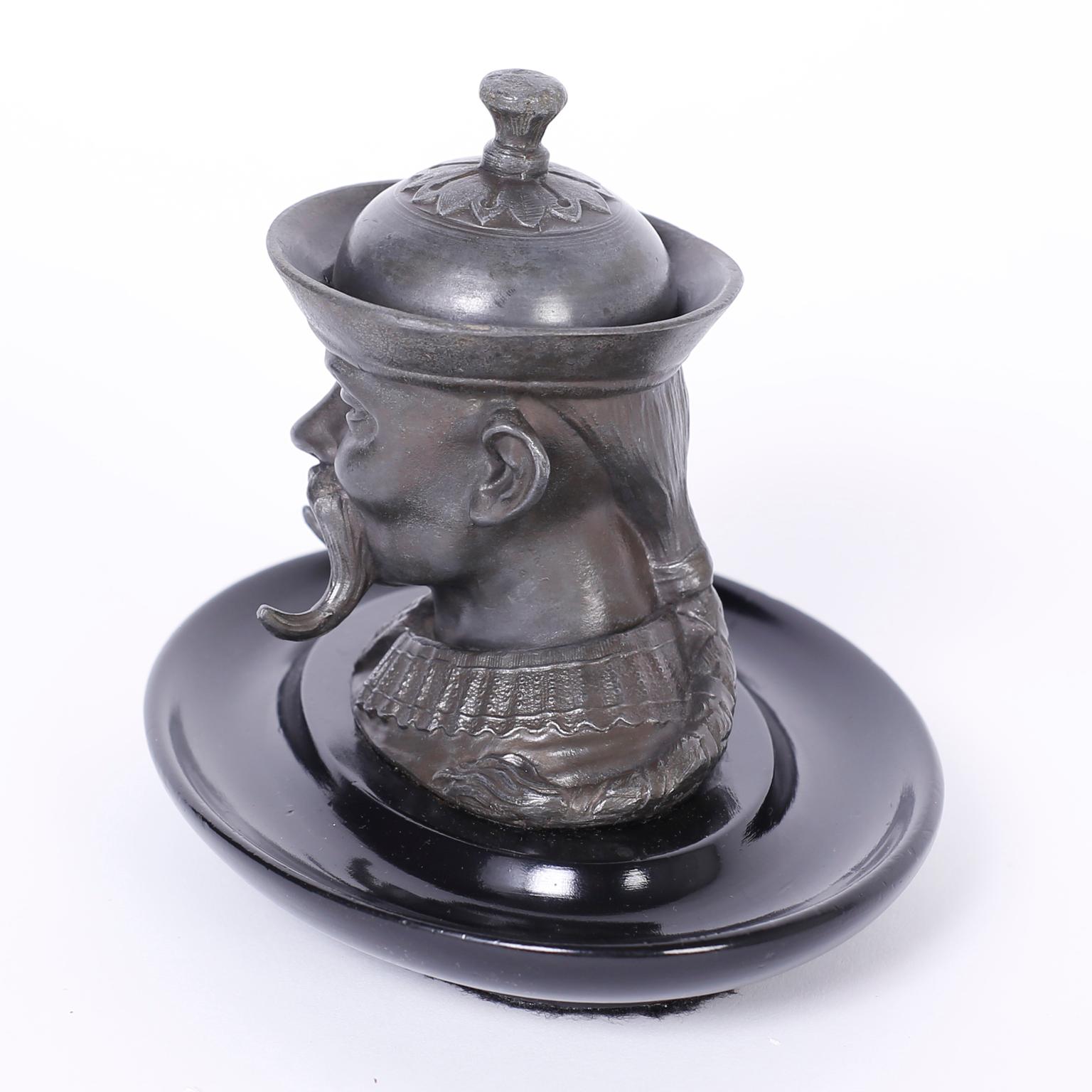 Chinoiserie English Pewter Figural Inkwell For Sale