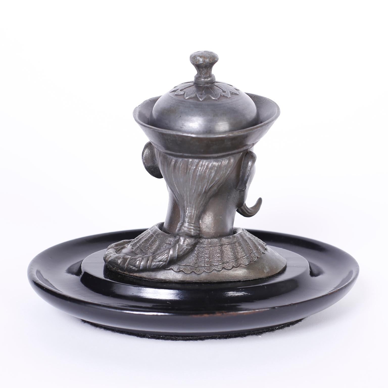 Lacquered English Pewter Figural Inkwell For Sale