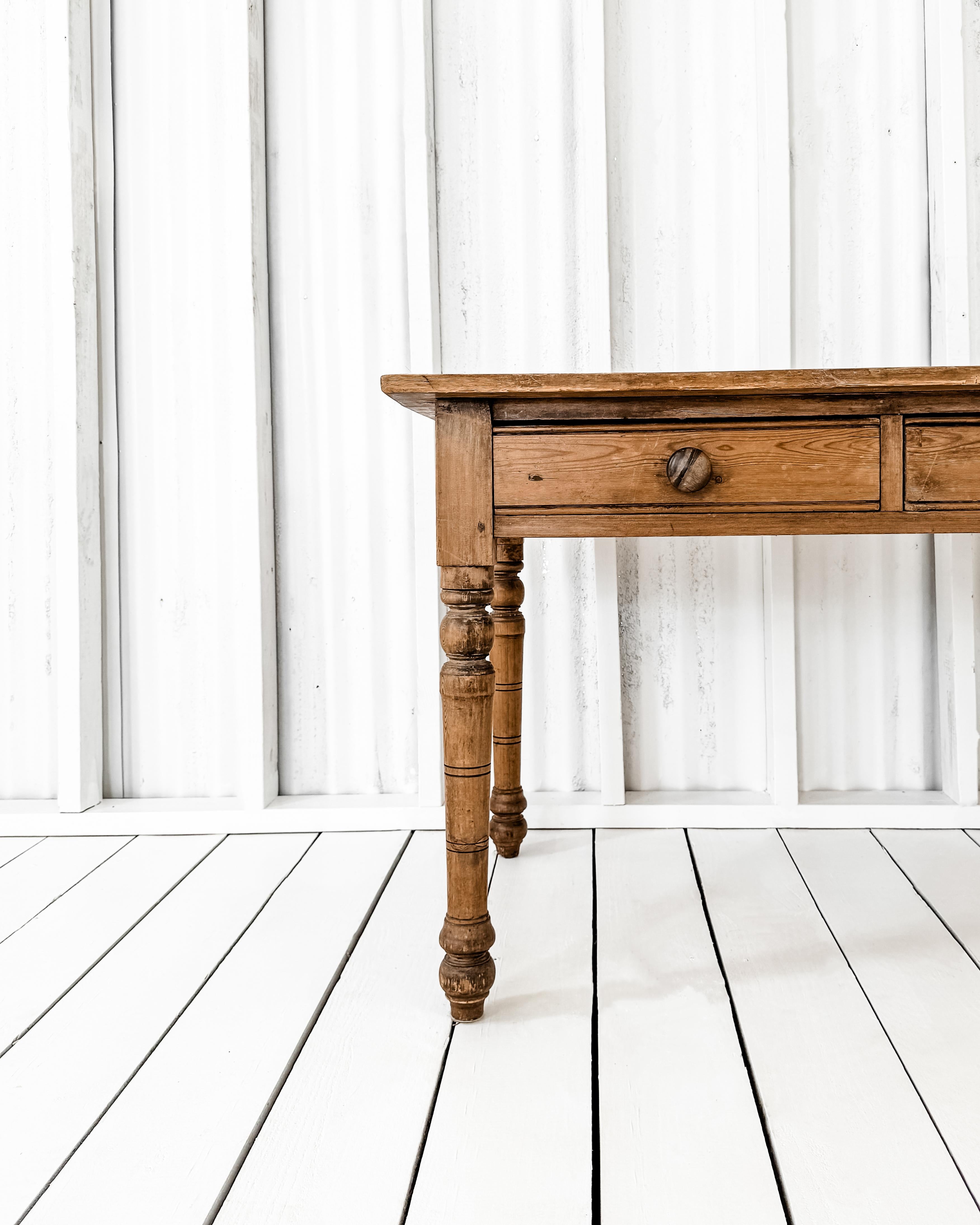 19th Century English Pine Accent Table with Two Center Drawers