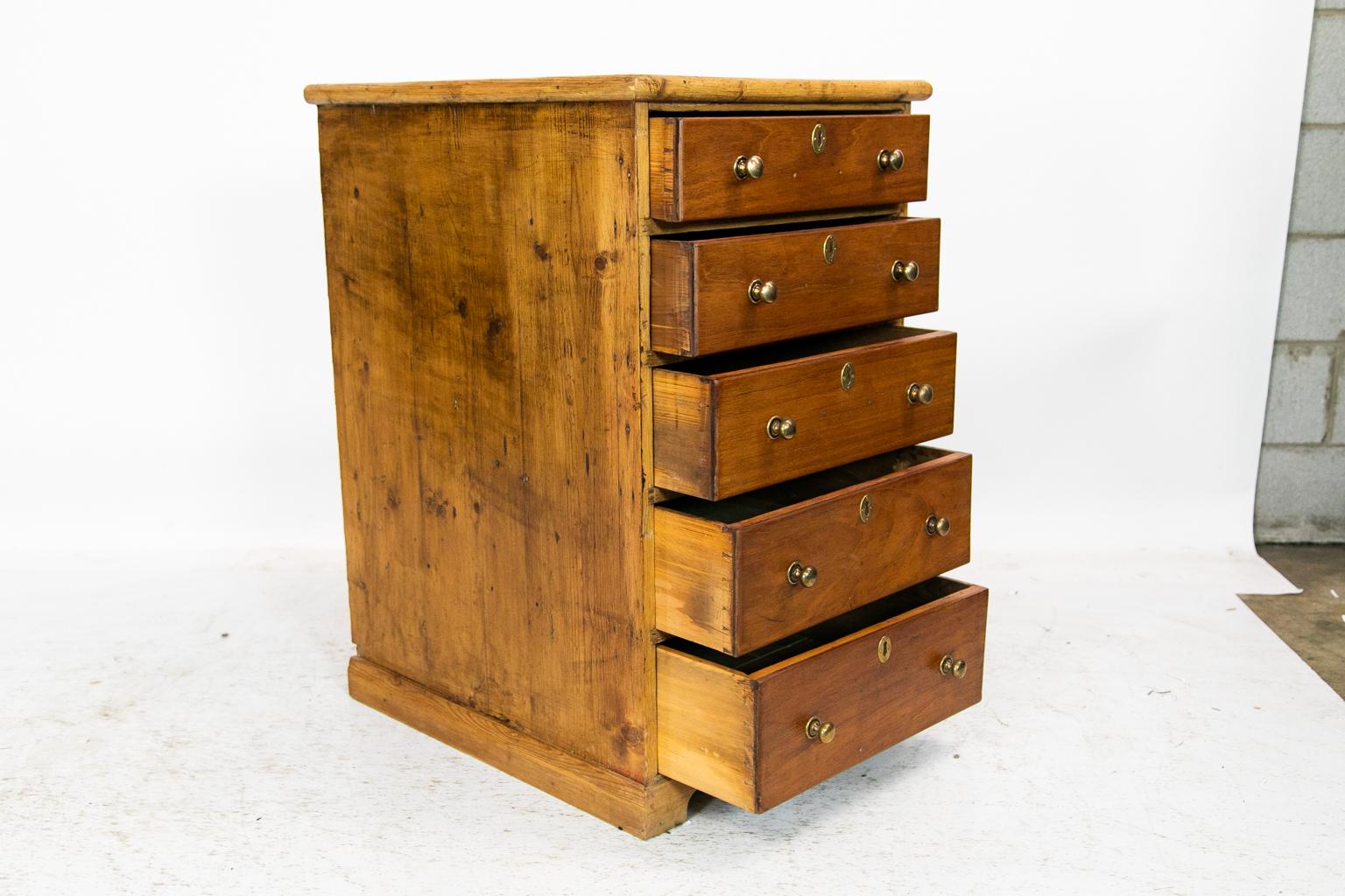 Brass English Pine and Mahogany Five-Drawer Chest
