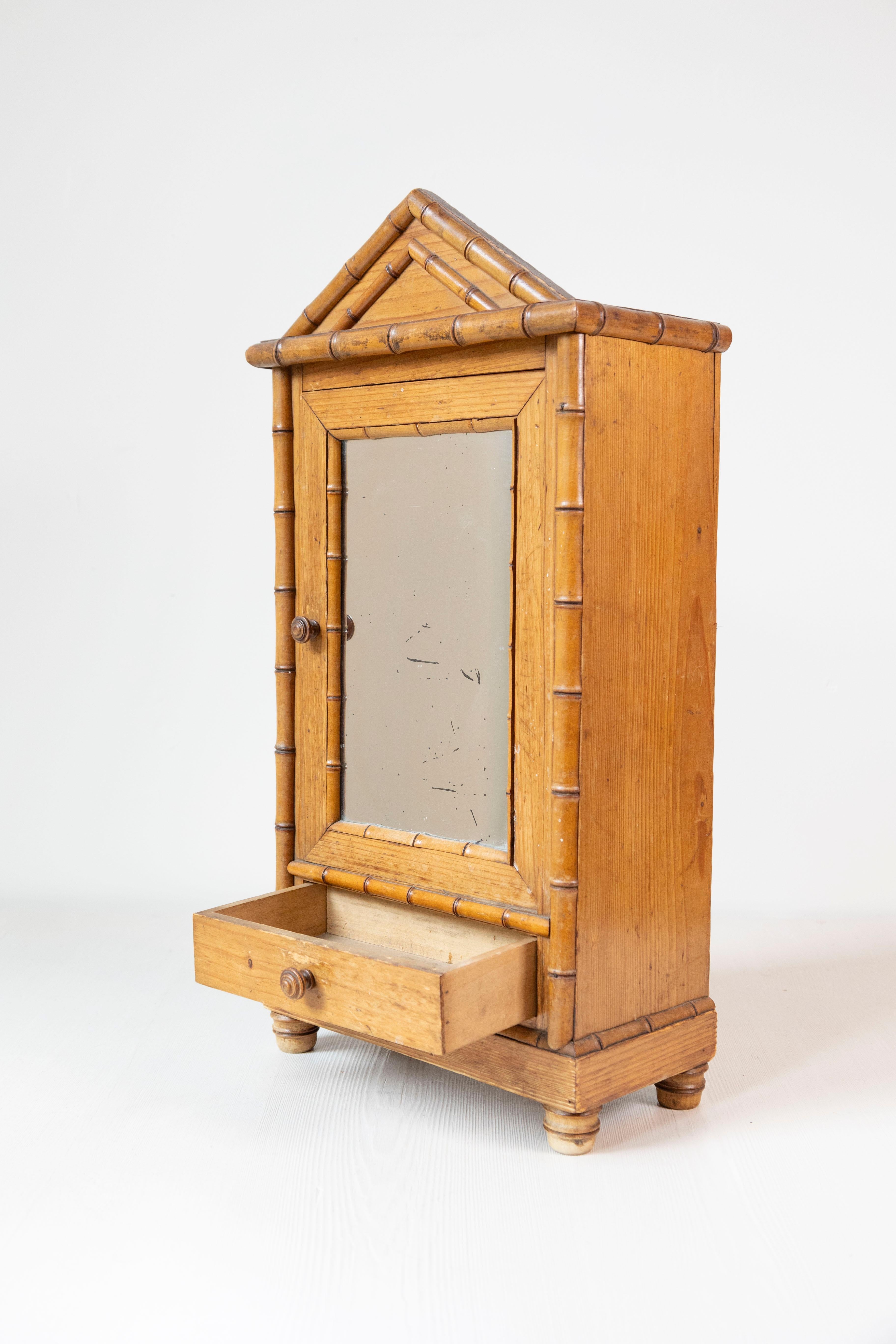 English Pine Bamboo Style Small Vitrine With Mirror For Sale 2