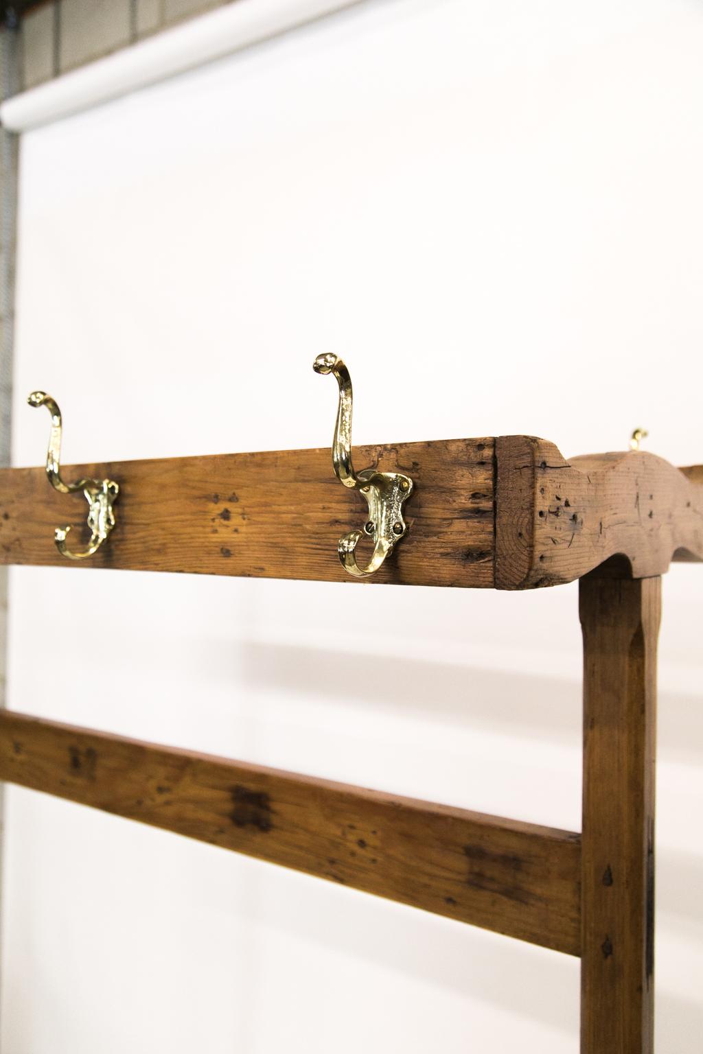 Brass English Pine Coat or Hat Rack For Sale