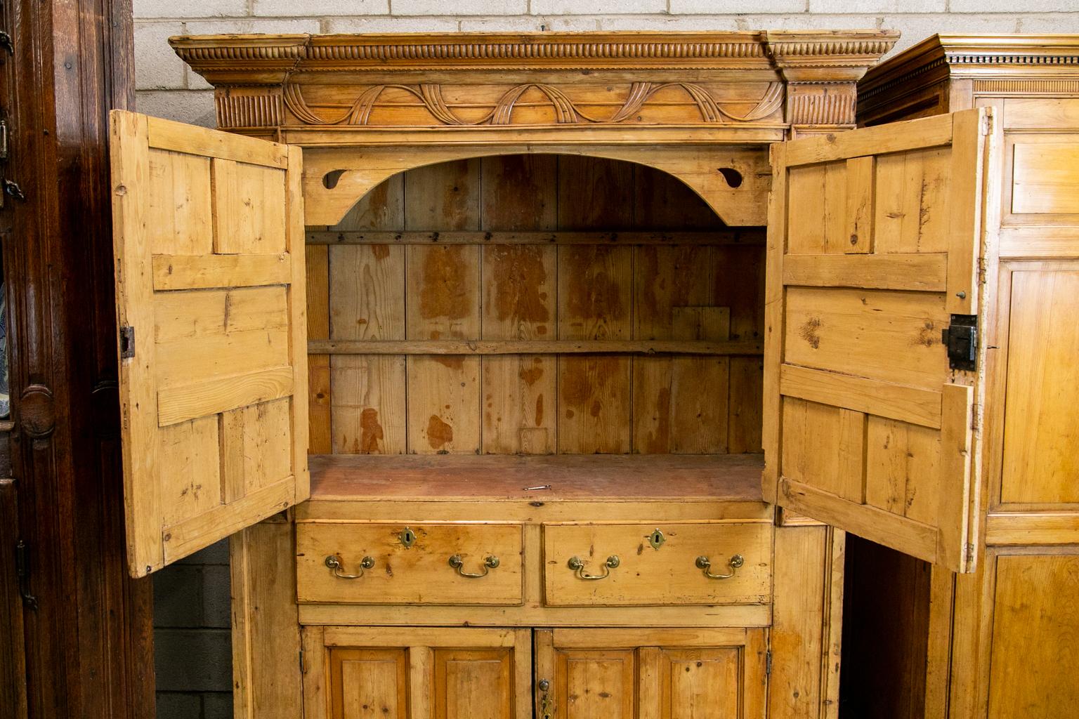 Hand-Carved English Pine Cupboard For Sale