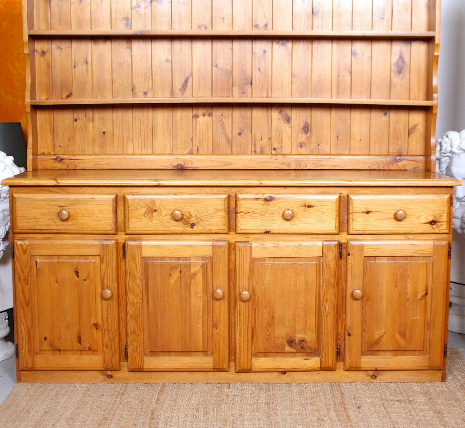 English Pine Dresser Long Carved, Farmhouse Style Welsh Dresser