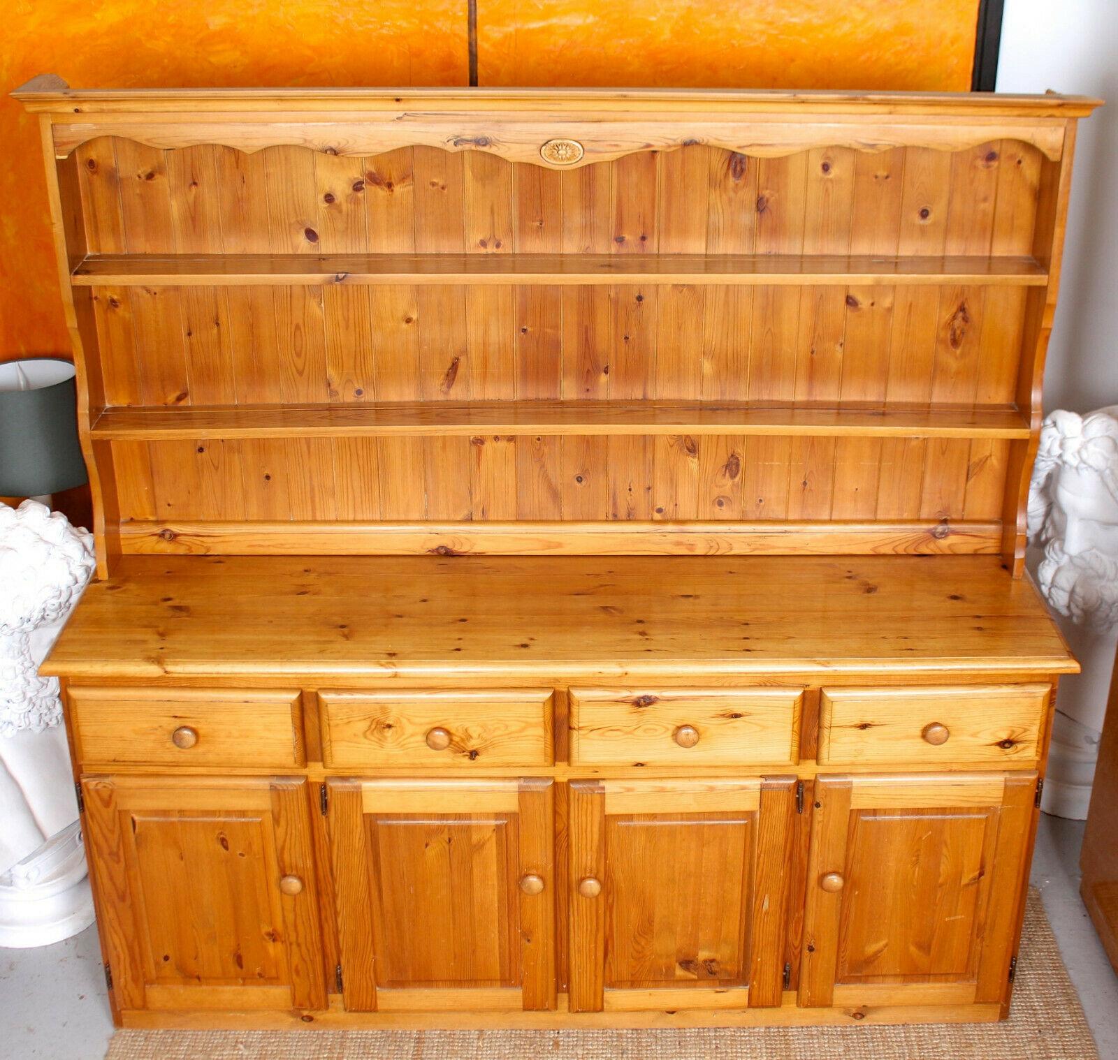 20th Century English Pine Dresser Long Carved Country Kitchen Welsh Dresser Farmhouse For Sale