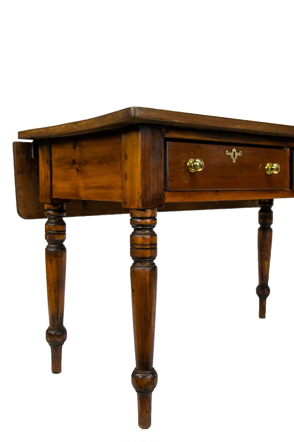 Brass English Pine Drop-Leaf Table