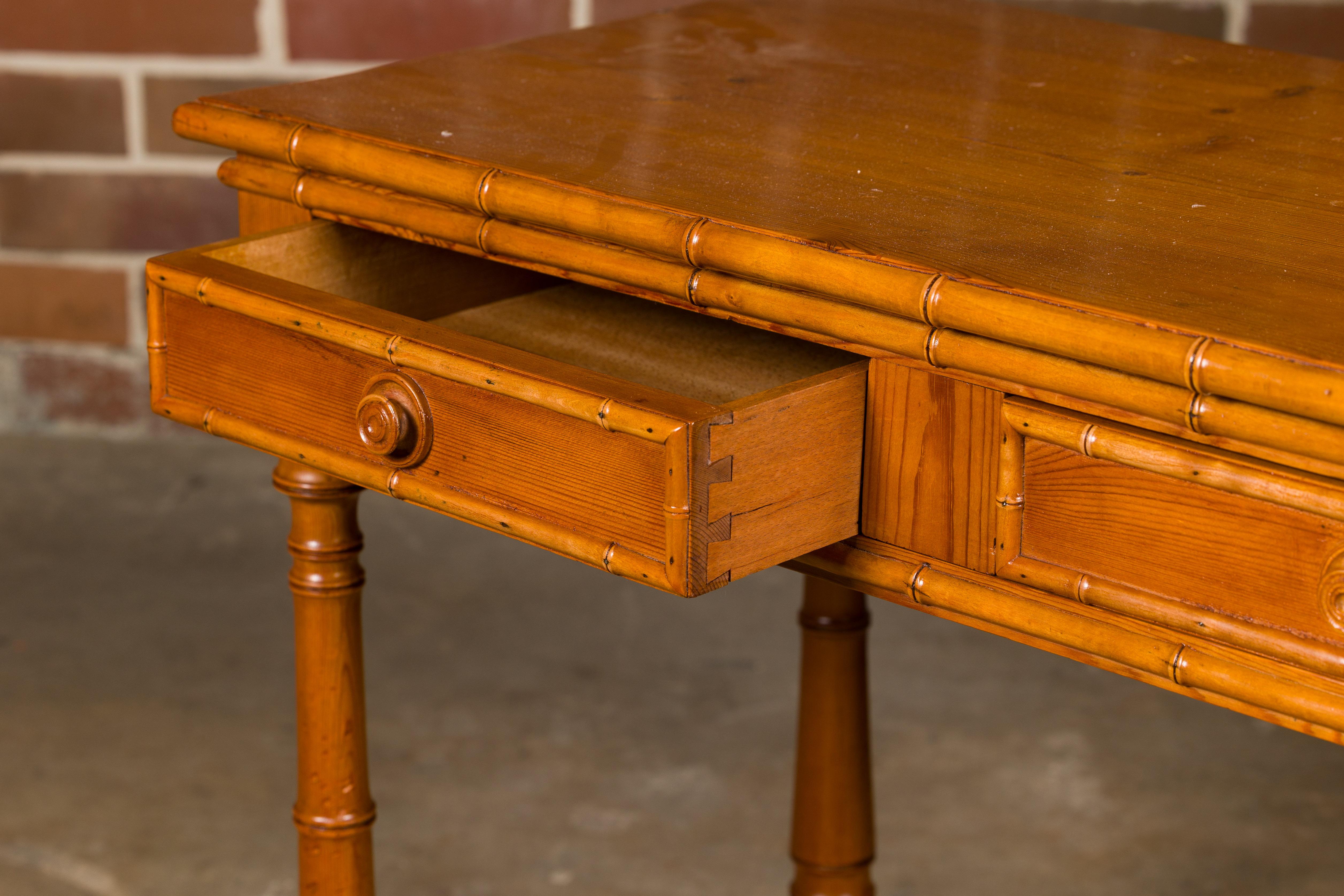 English Pine Faux Bamboo Desk with Two Drawers and H-Form Cross Stretcher For Sale 7