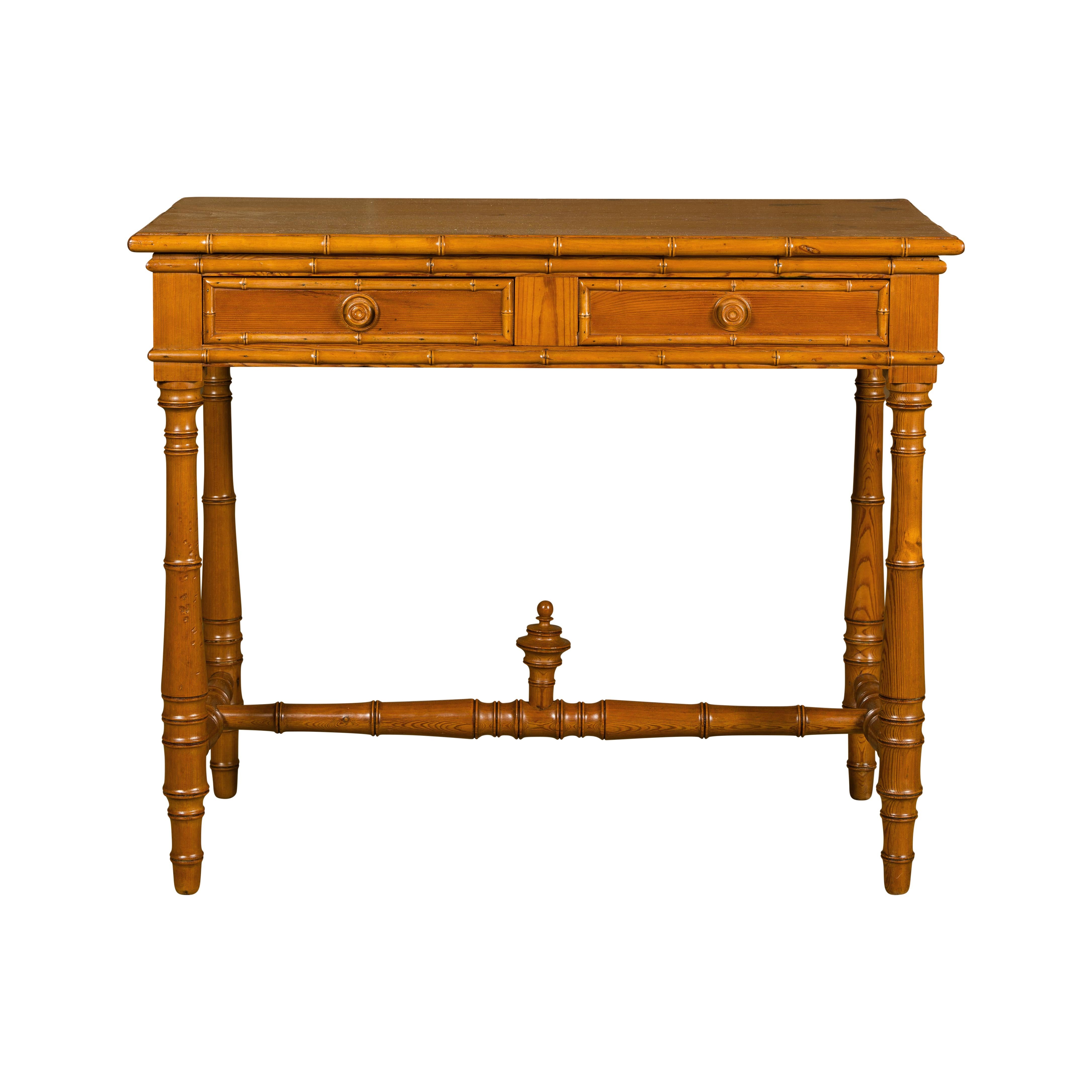 English Pine Faux Bamboo Desk with Two Drawers and H-Form Cross Stretcher For Sale 10