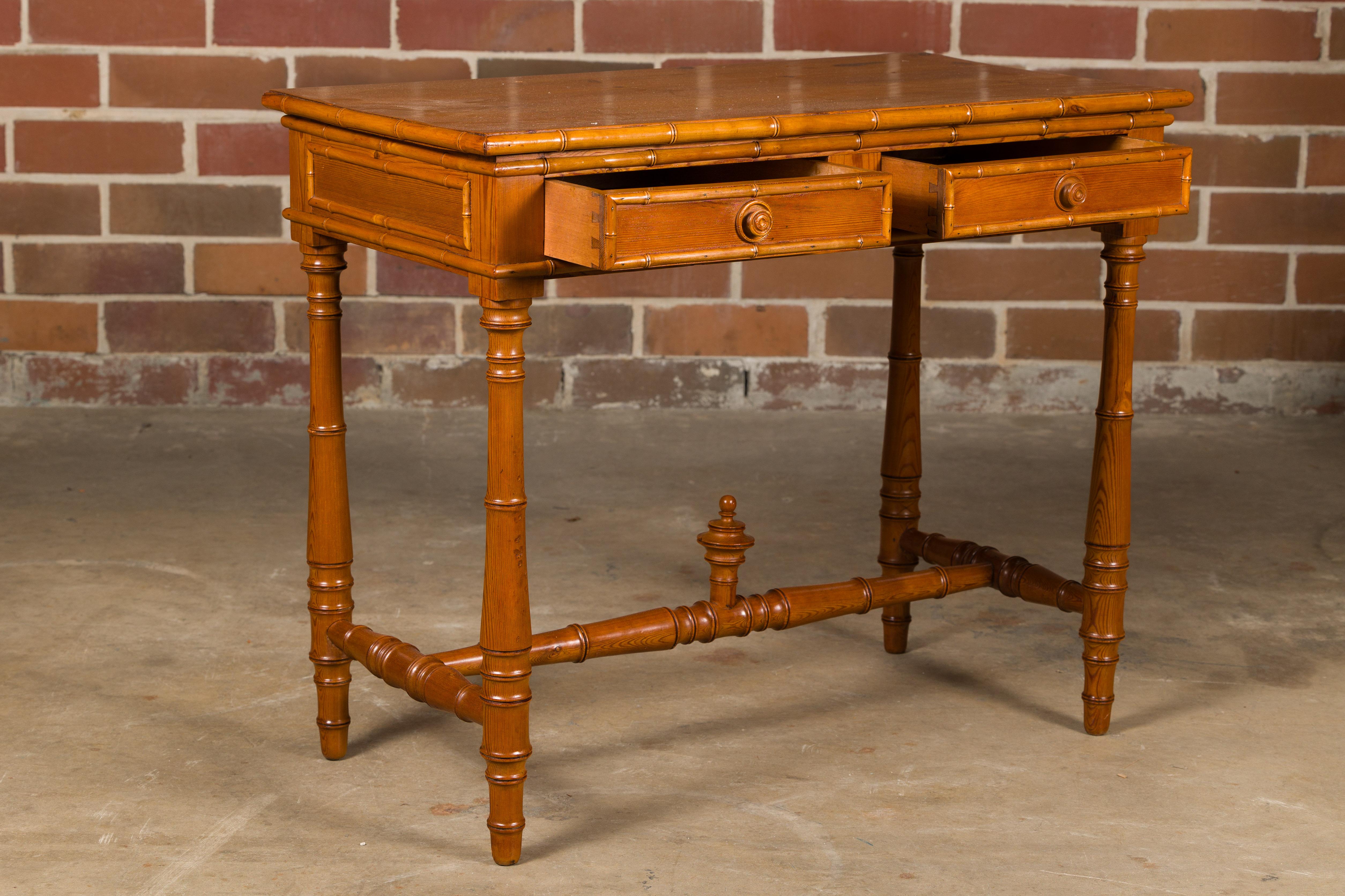 20th Century English Pine Faux Bamboo Desk with Two Drawers and H-Form Cross Stretcher For Sale