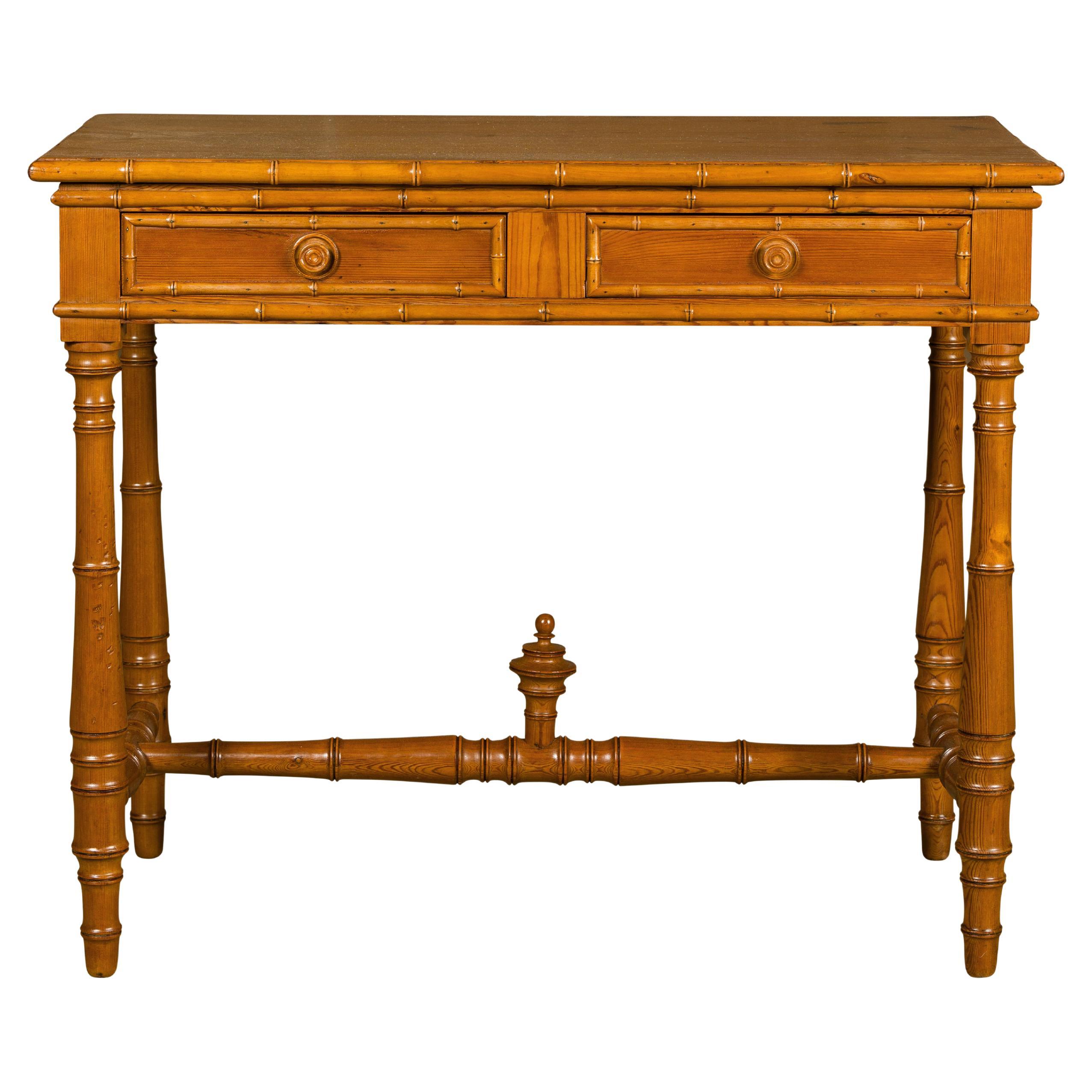English Pine Faux Bamboo Desk with Two Drawers and H-Form Cross Stretcher For Sale