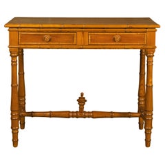 English Pine Faux Bamboo Desk with Two Drawers and H-Form Cross Stretcher