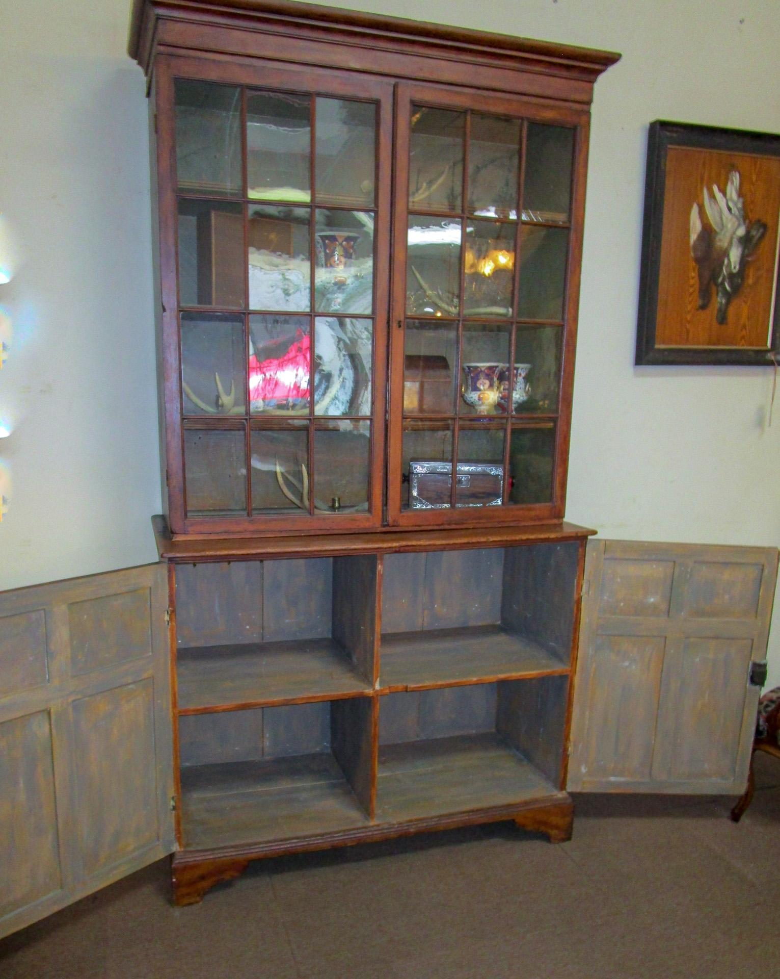 English Pine Faux Mahogany Painted Cupboard w/24 Handblown Glass Panels 1820c For Sale 8