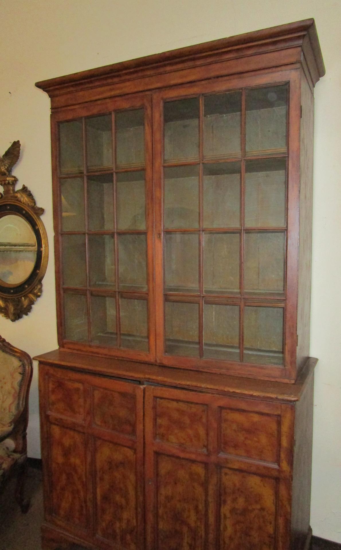 Country English Pine Faux Mahogany Painted Cupboard w/24 Handblown Glass Panels 1820c For Sale