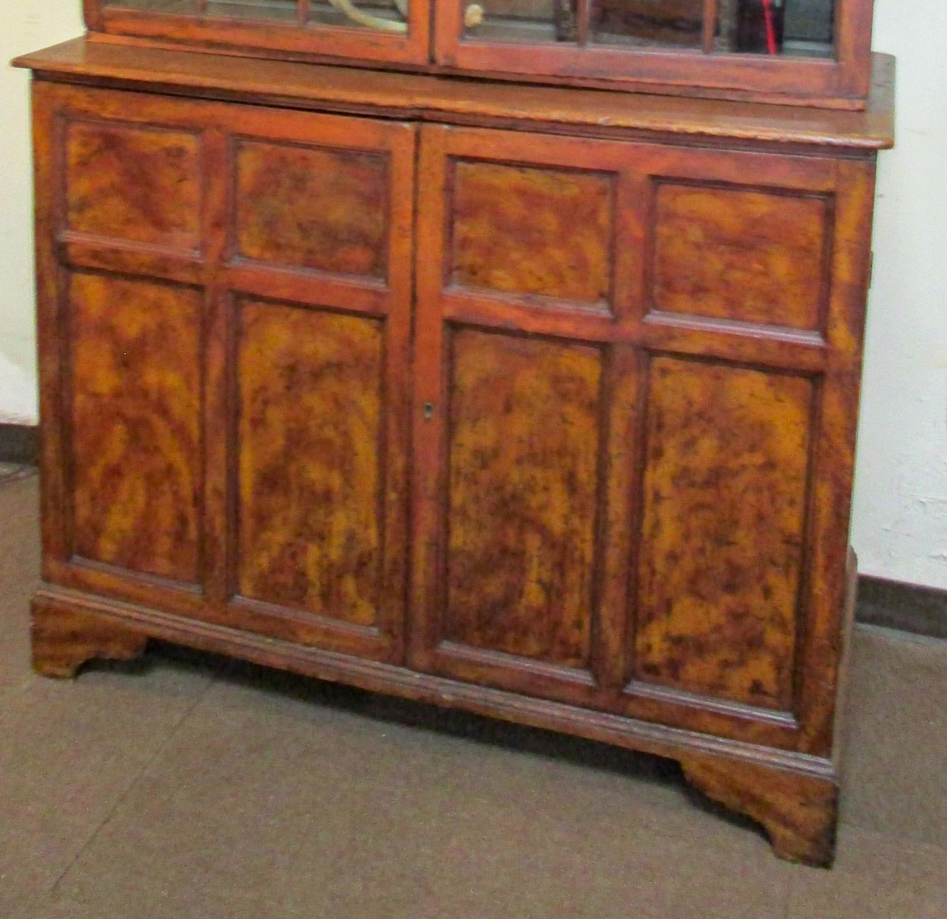 English Pine Faux Mahogany Painted Cupboard w/24 Handblown Glass Panels 1820c In Good Condition In Savannah, GA