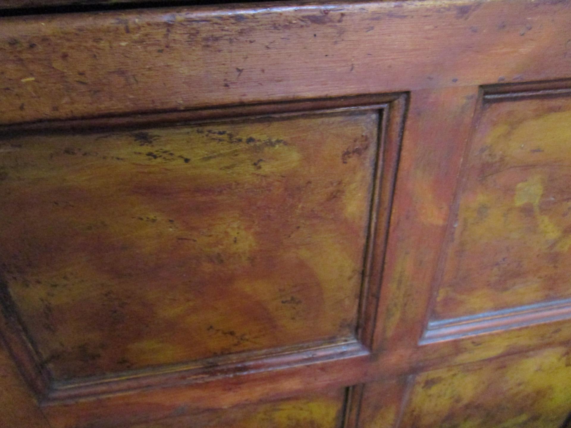 Blown Glass English Pine Faux Mahogany Painted Cupboard w/24 Handblown Glass Panels 1820c