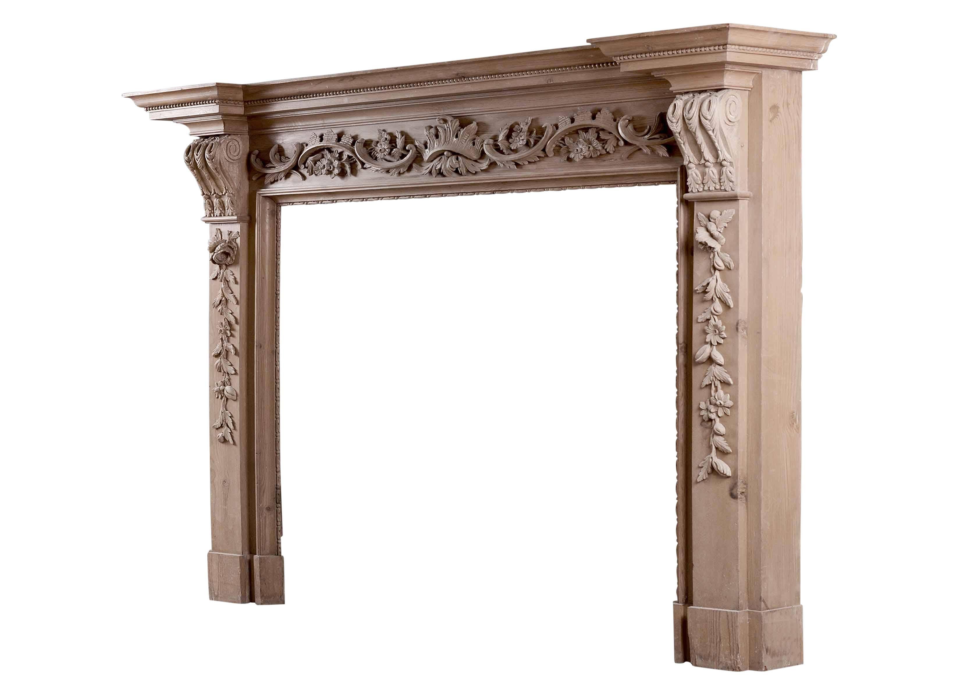 European English Pine Fireplace with Carved Fruit & Foliage For Sale